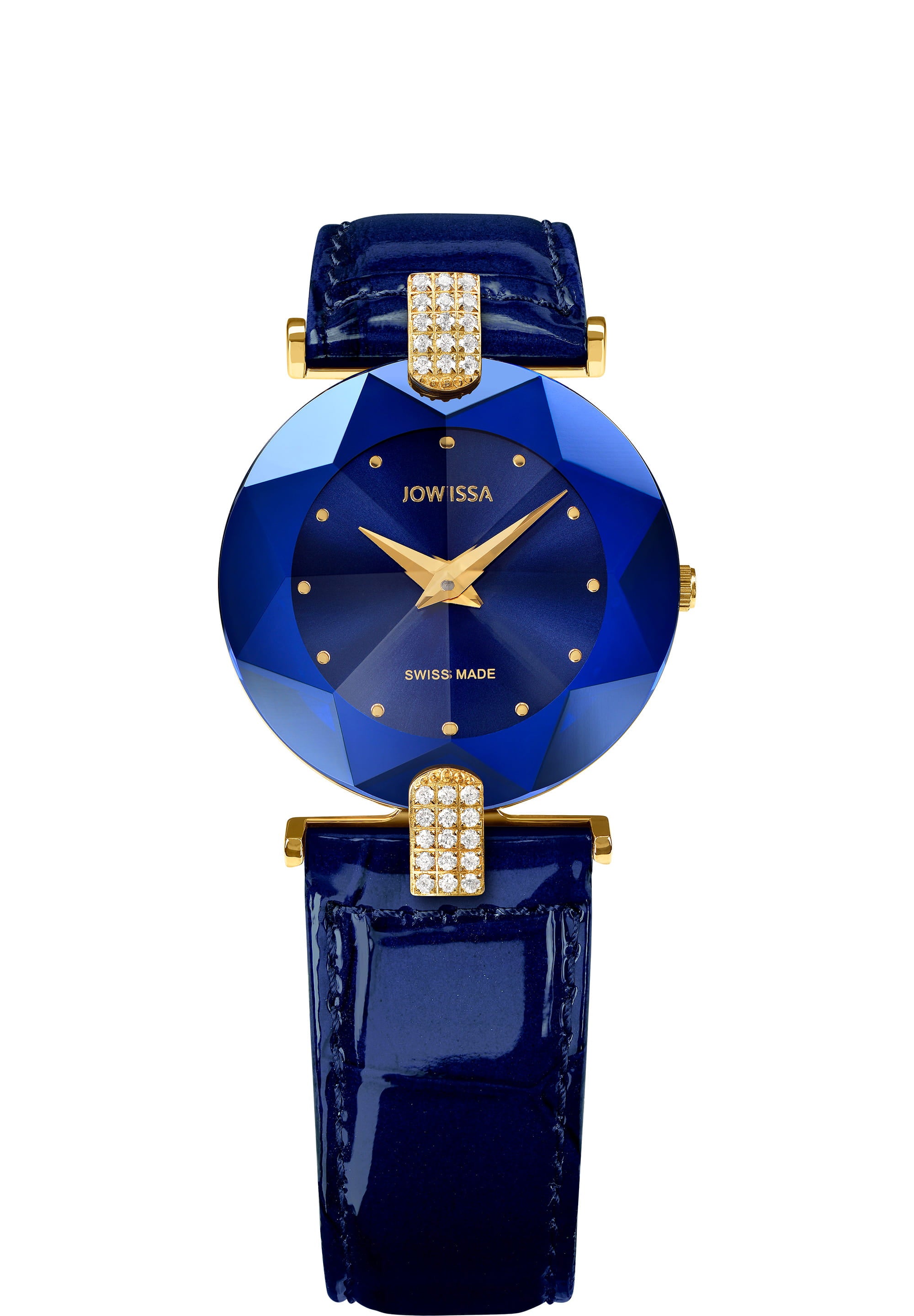 Facet Strass Swiss Ladies Watch J5.011.M featuring a stainless steel case with rhinestones, a blue sunray dial, and a glossy alligator-embossed leather strap.
