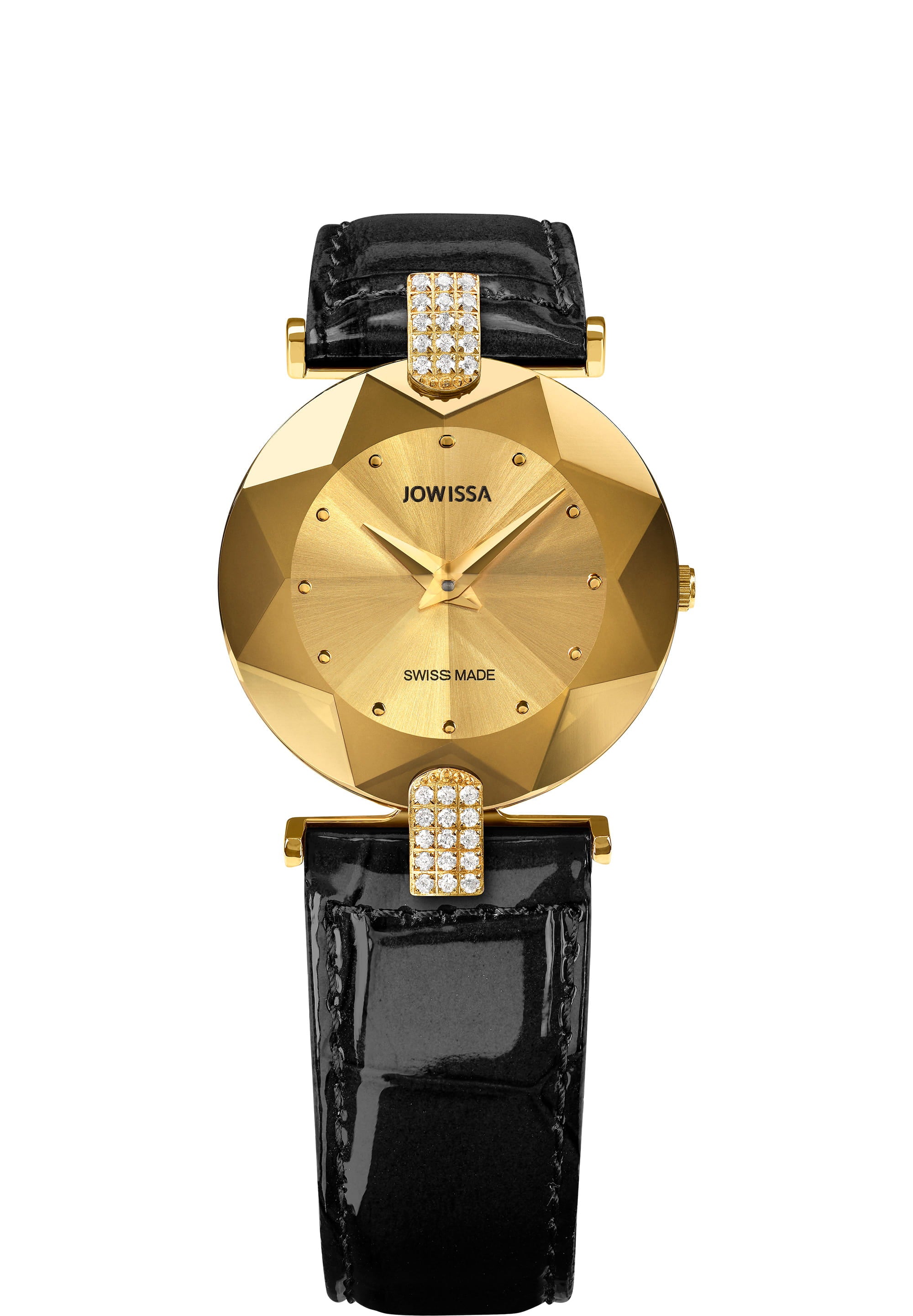 Facet Strass Swiss Ladies Watch J5.009.M featuring a stainless steel case with rhinestones, a glossy alligator-embossed leather strap, and a sunray dial.