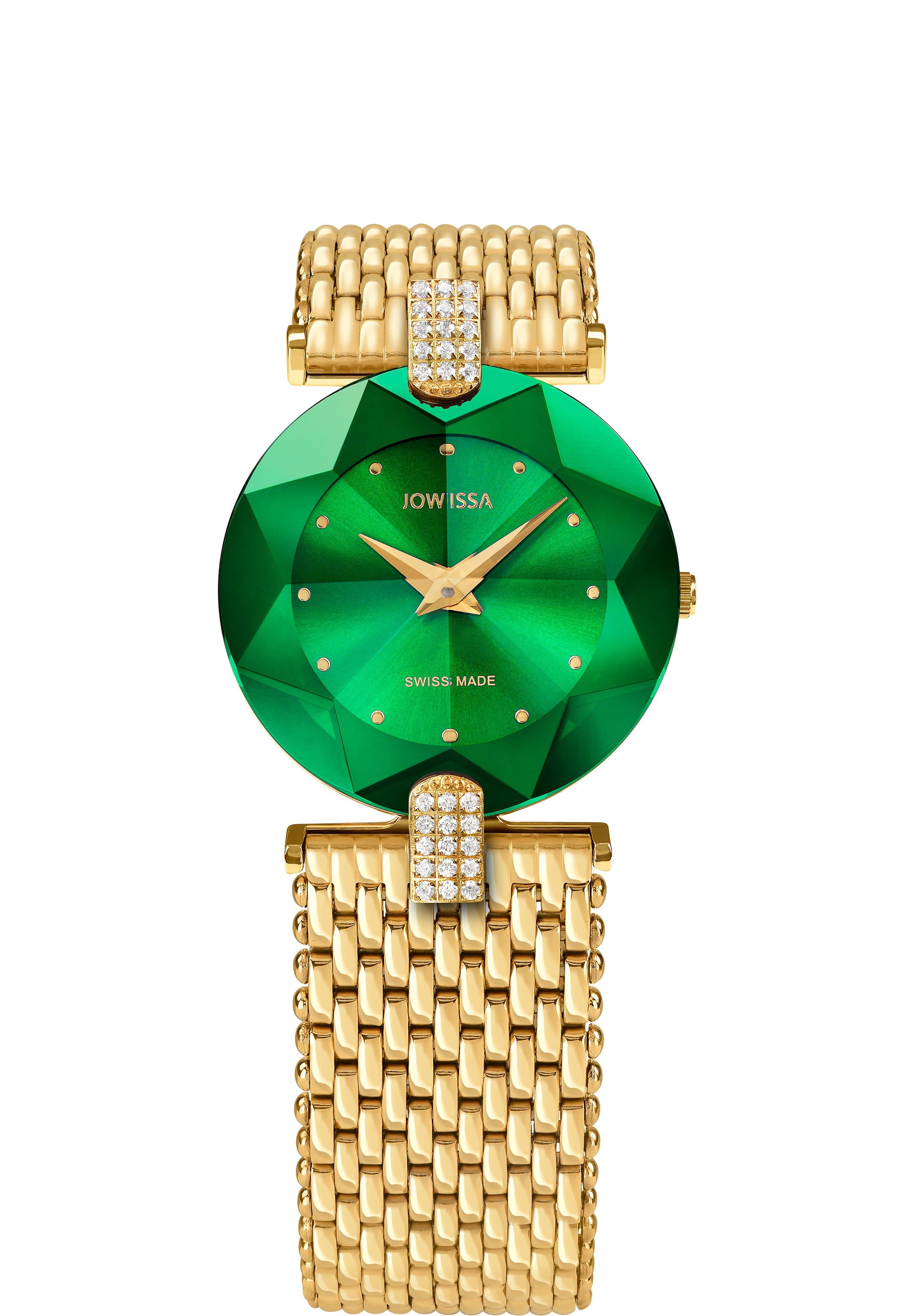Facet Strass Swiss Ladies Watch J5.462.M featuring a stainless steel case with rhinestones and a gold-plated finish.