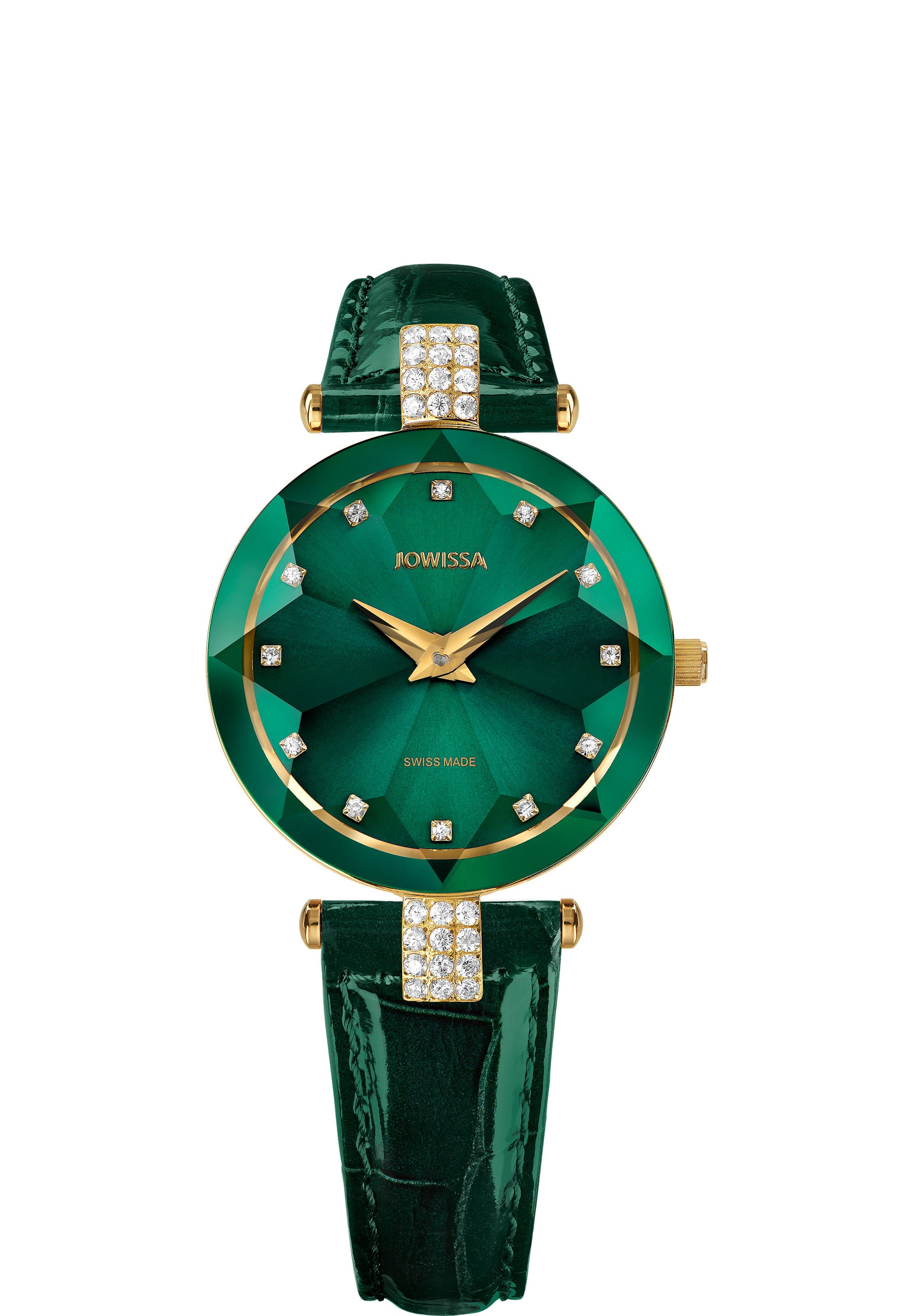 Facet Strass Swiss Ladies Watch J5.496.M featuring an emerald green sunray dial, Strass stones, and a crocodile leather strap.