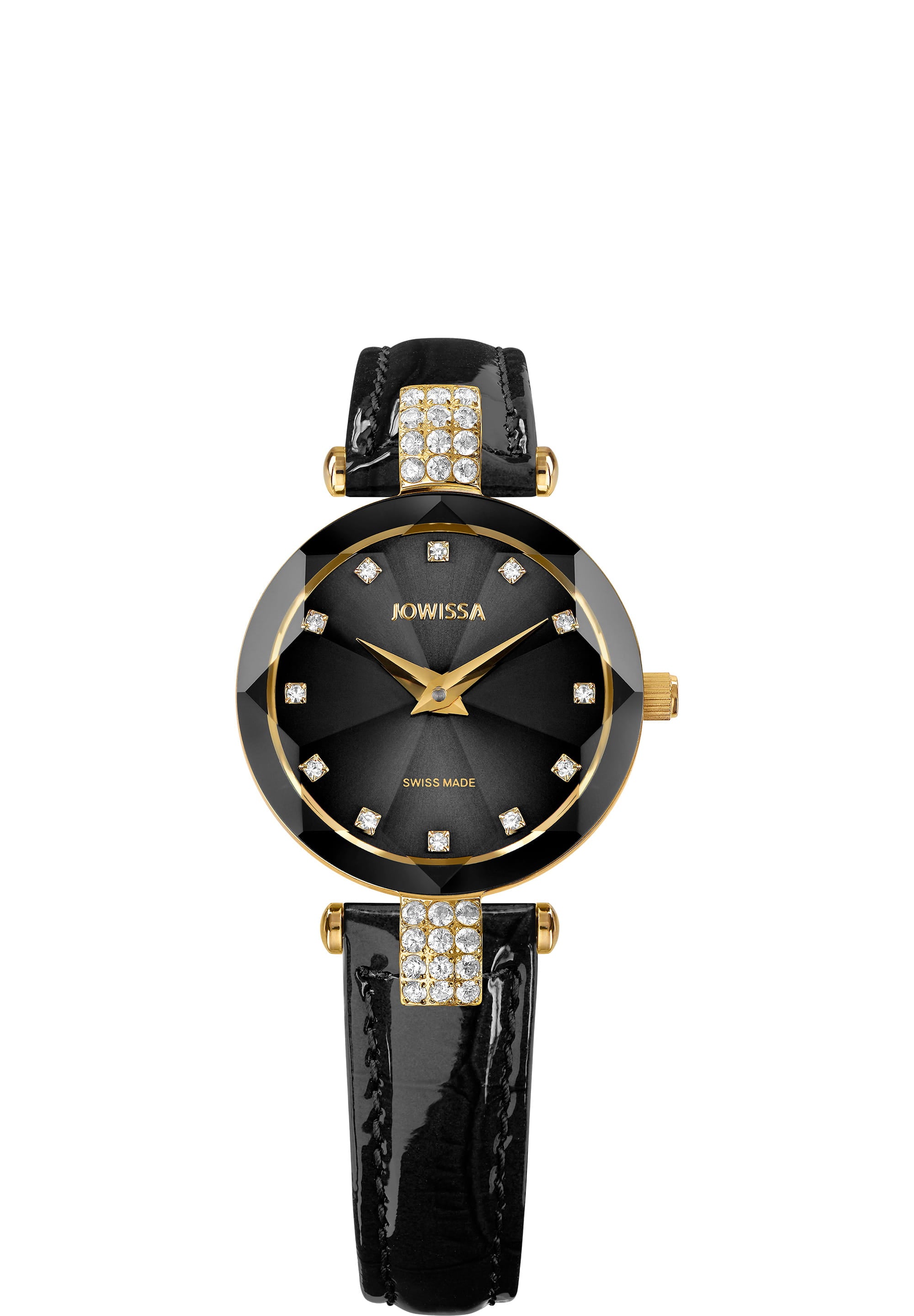 Facet Strass Swiss Ladies Watch J5.614.S featuring a black sunray dial, sparkling Strass stones, and a crocodile leather strap.