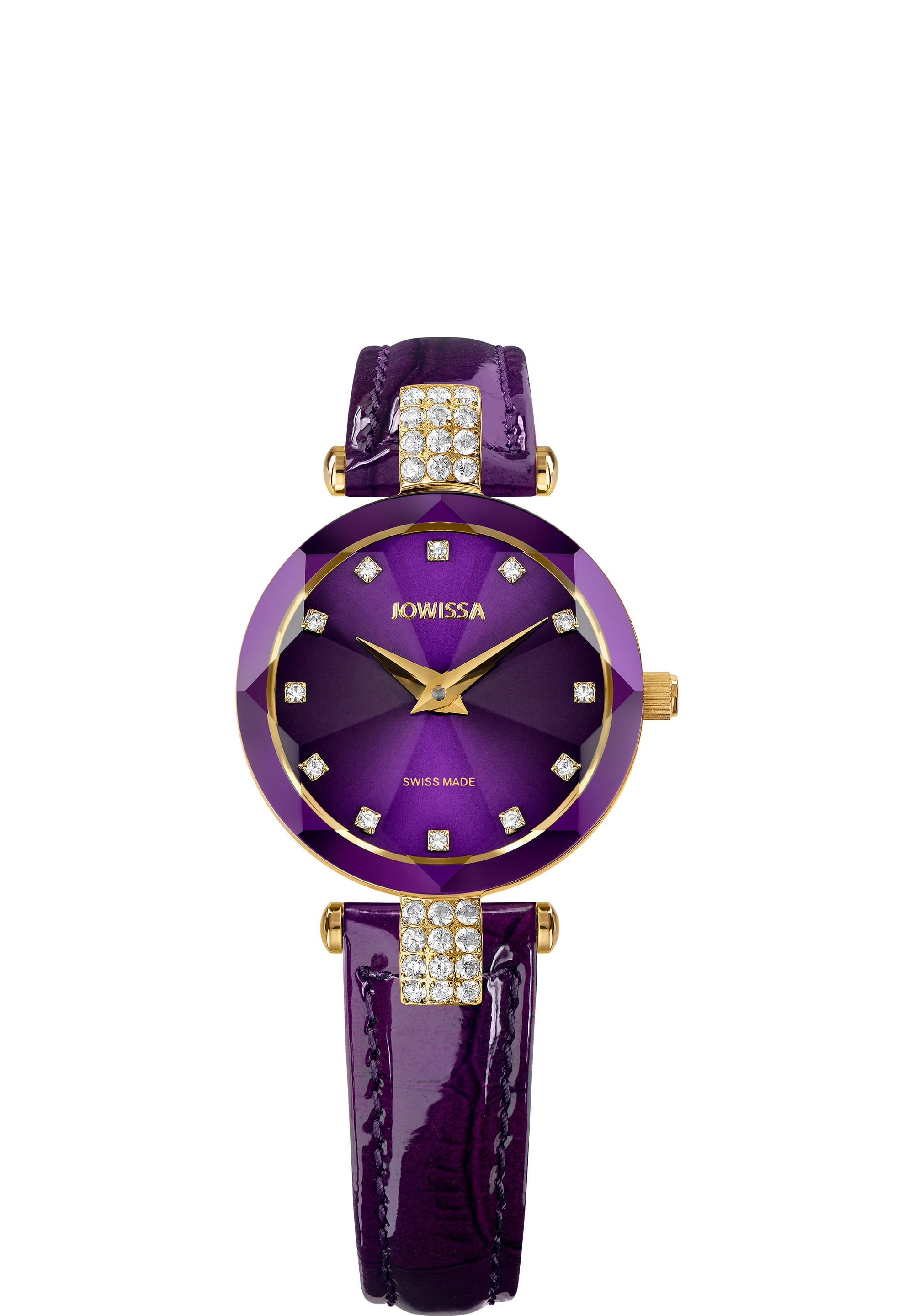 Facet Strass Swiss Ladies Watch J5.616.S featuring a purple sunray dial, rhinestone embellishments, and a crocodile-embossed leather strap.