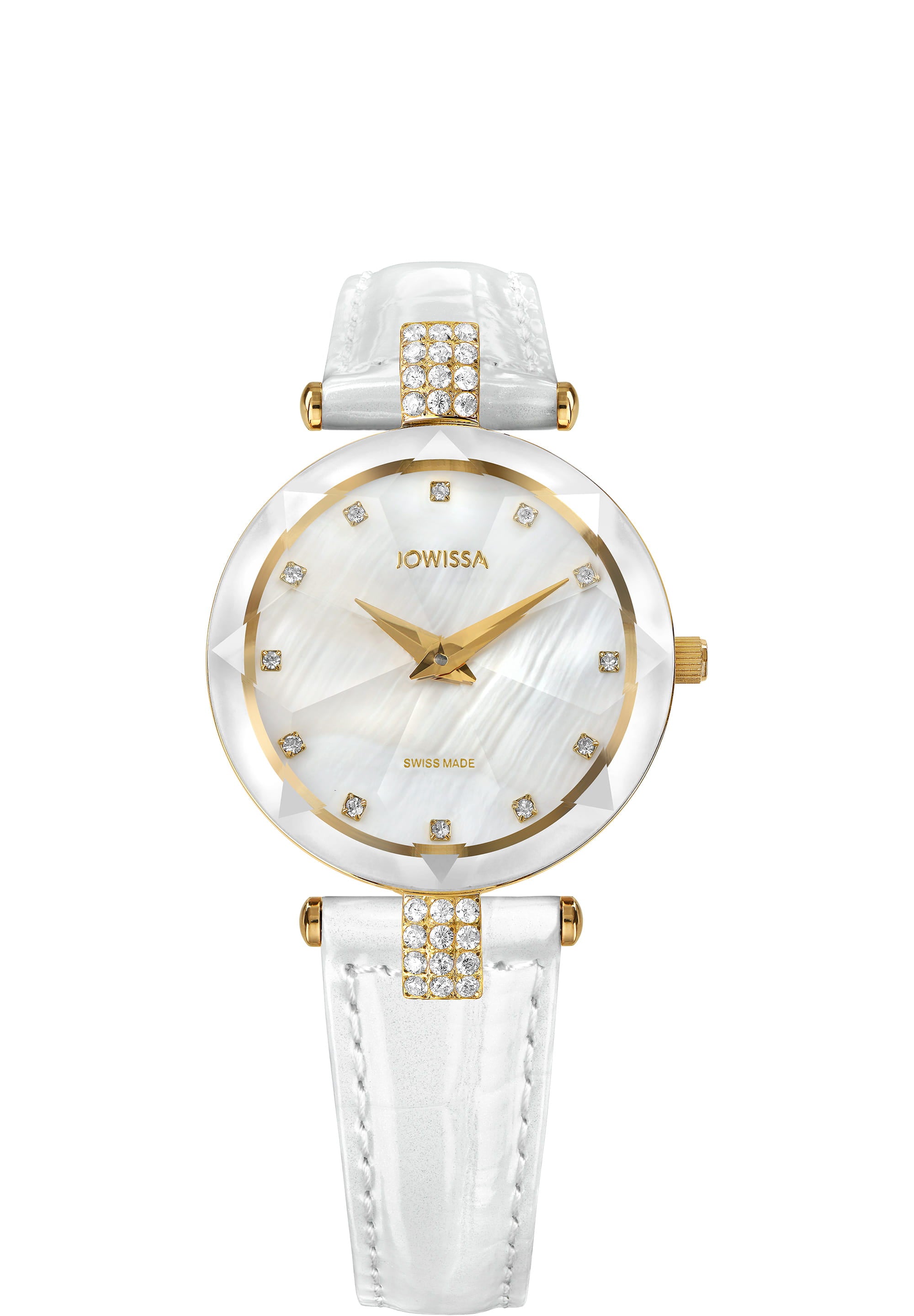 Facet Strass Swiss Ladies Watch J5.618.M featuring a white mother of pearl dial, golden details, and a glossy crocodile leather strap.
