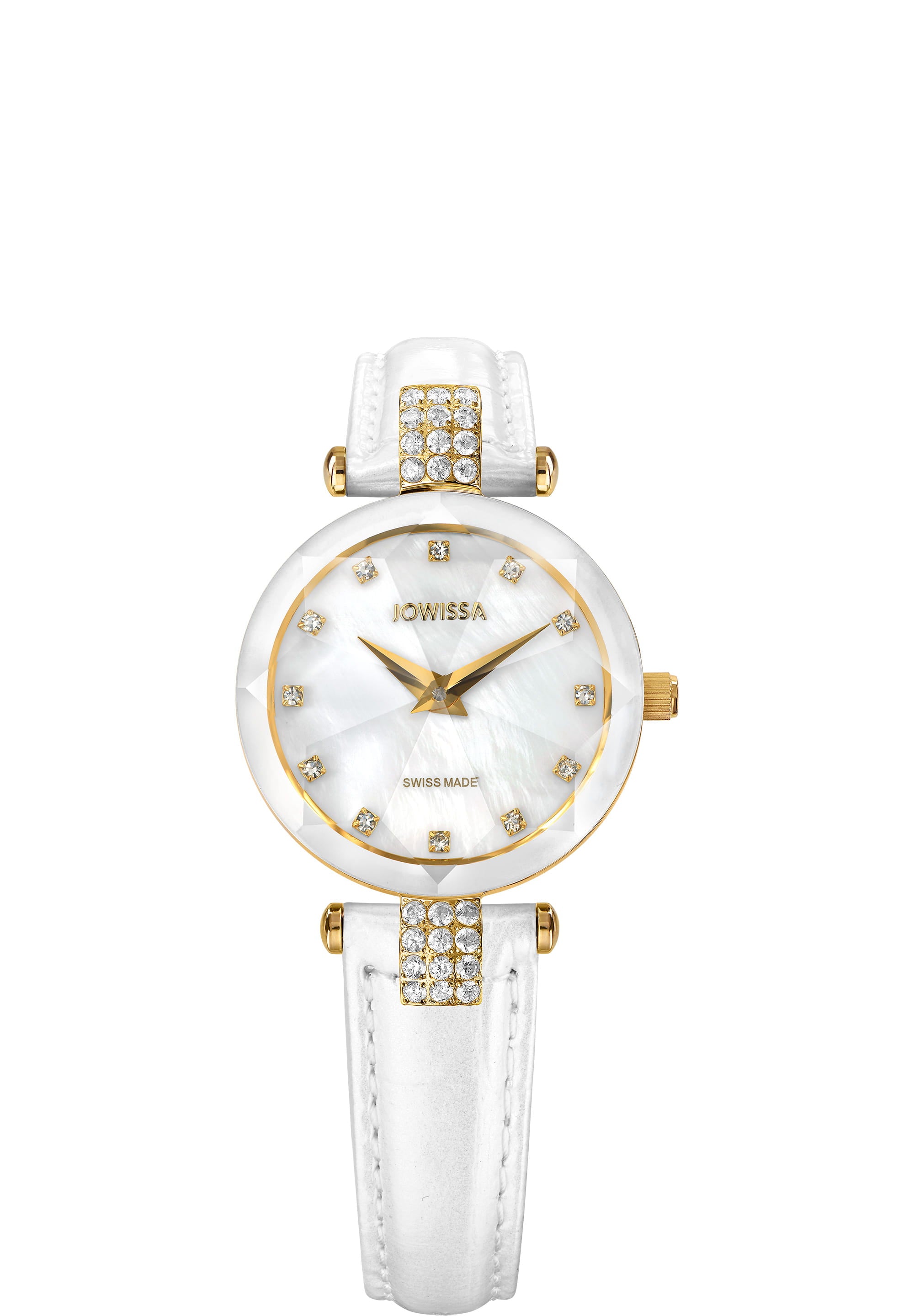 Facet Strass Swiss Ladies Watch J5.618.S featuring a white mother of pearl dial, golden details, and a glossy crocodile leather strap.