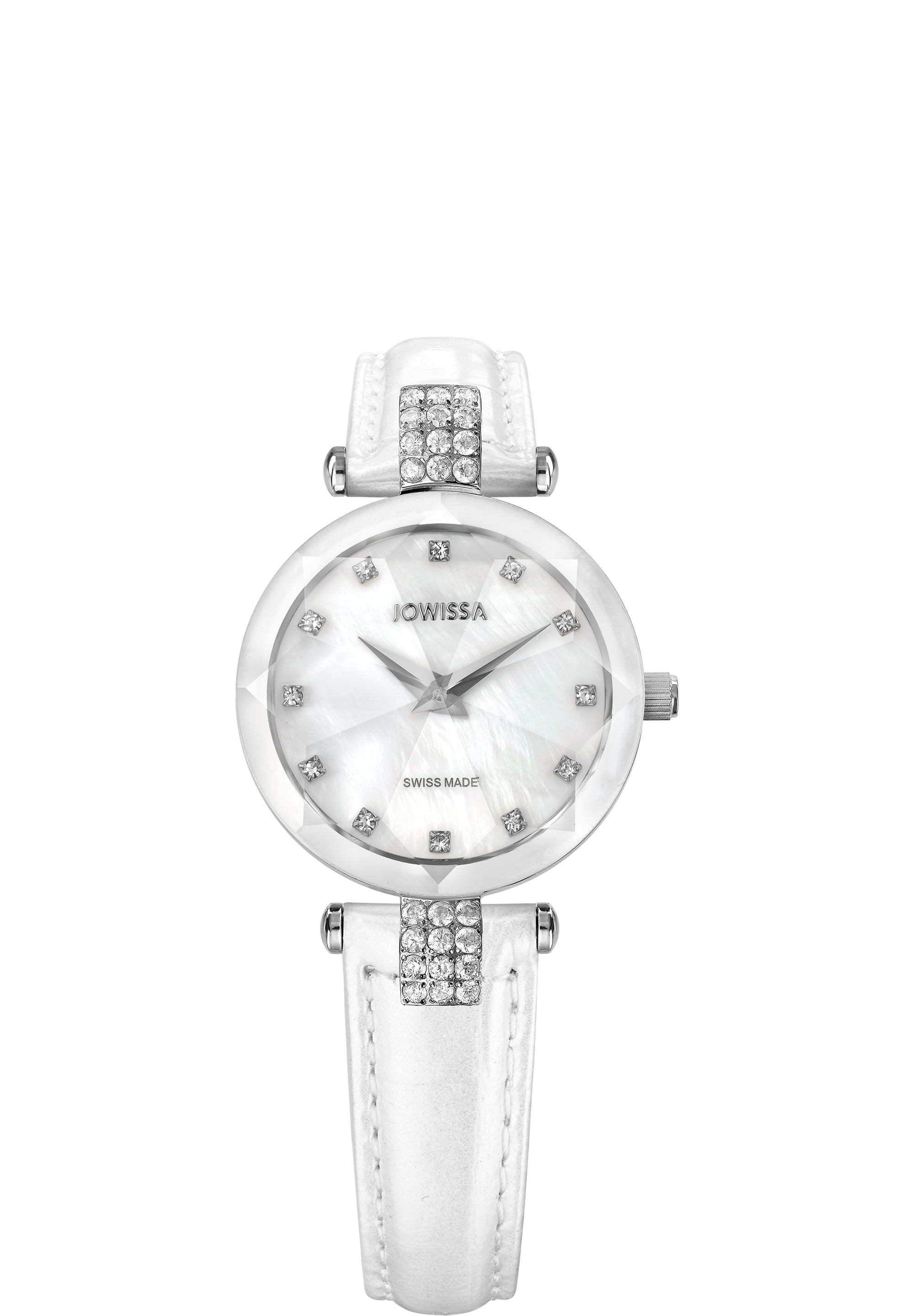 Facet Strass Swiss Ladies Watch J5.619.S featuring a white mother-of-pearl dial, rhinestone accents, and a glossy crocodile leather strap.