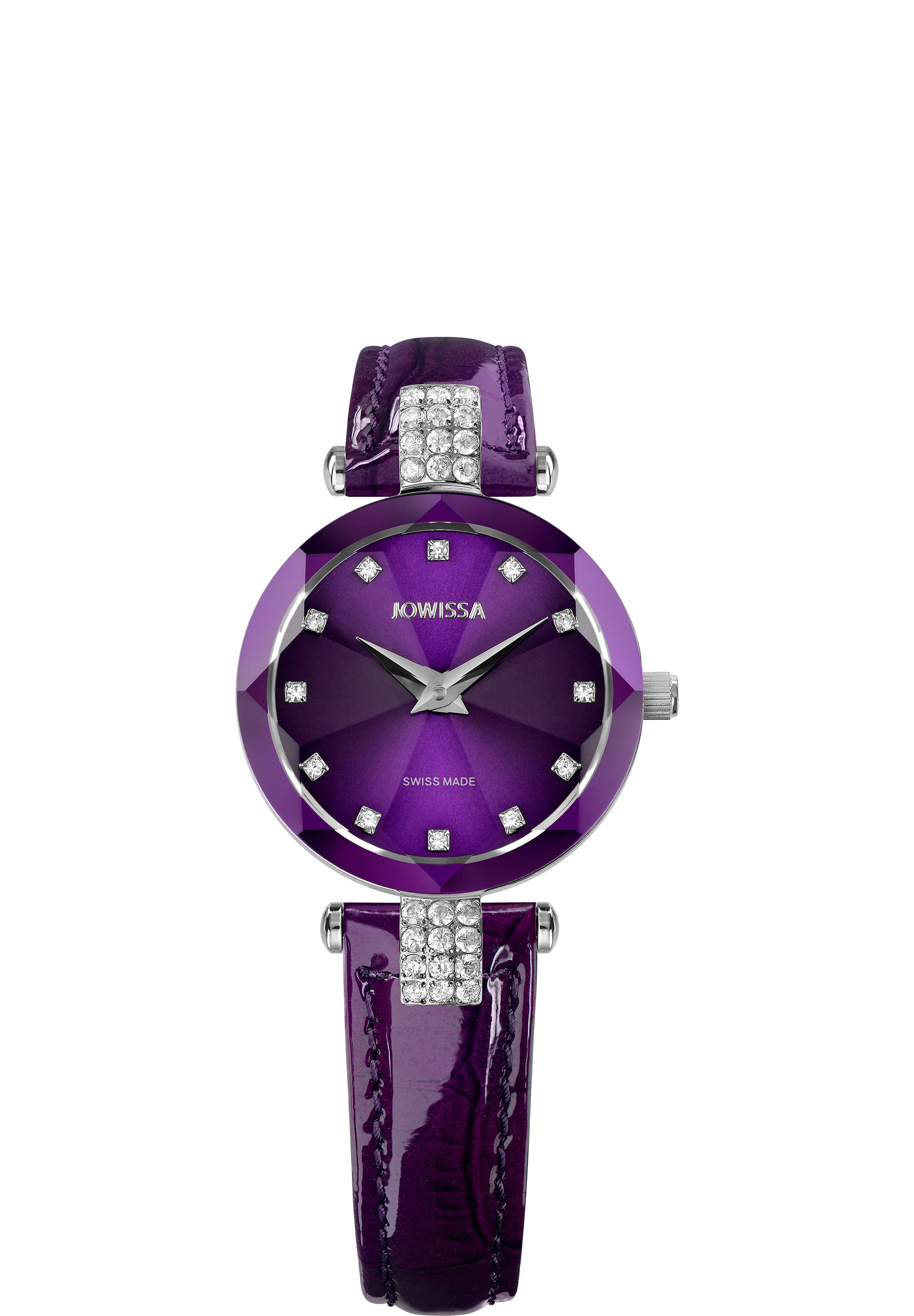 Facet Strass Swiss Ladies Watch J5.621.S featuring a purple sunray dial and sparkling Strass stones on a polished crocodile leather strap.