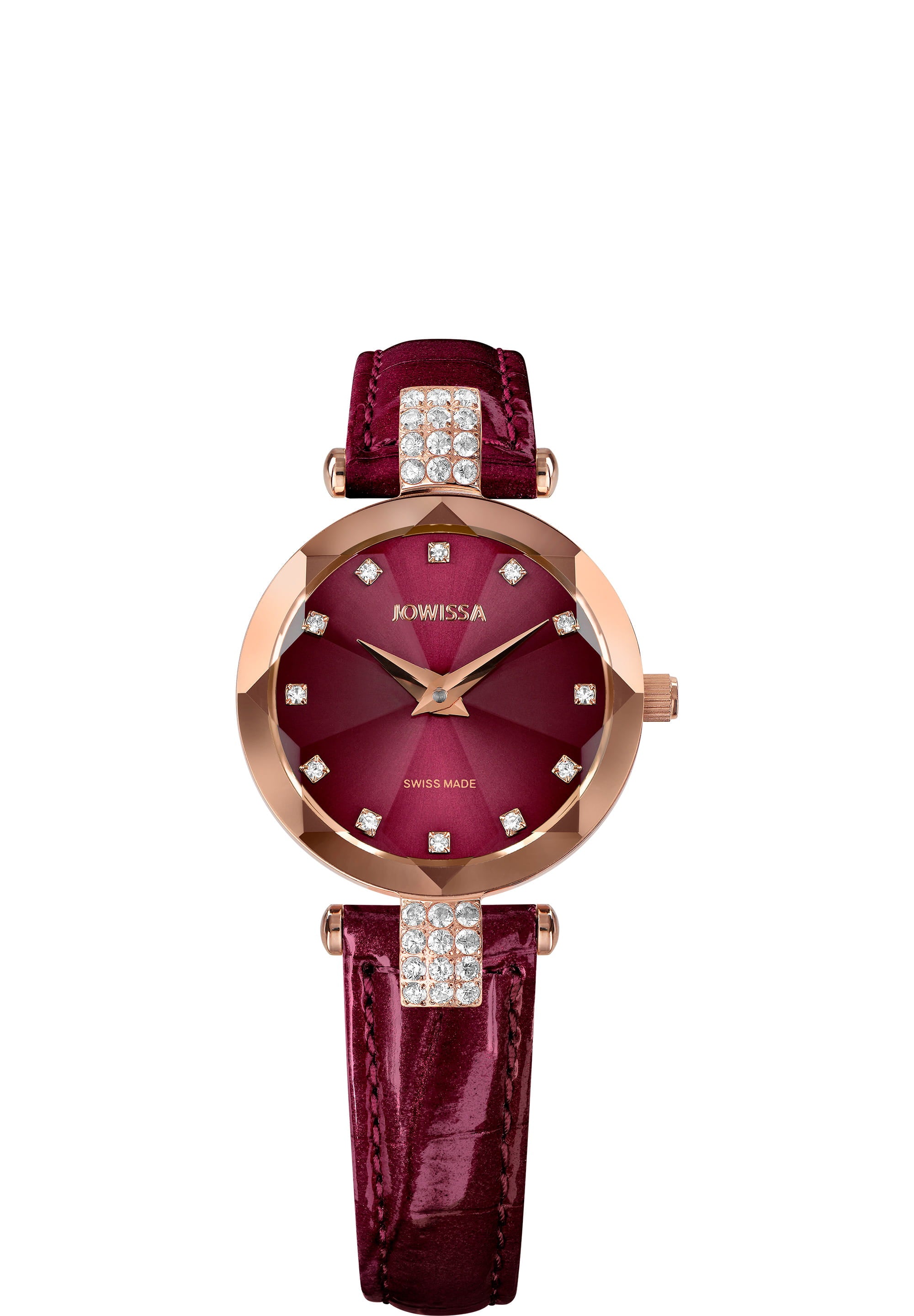 Facet Strass Swiss Ladies Watch J5.624.S featuring a burgundy sunray dial, rhinestone accents, and a glossy crocodile leather strap.