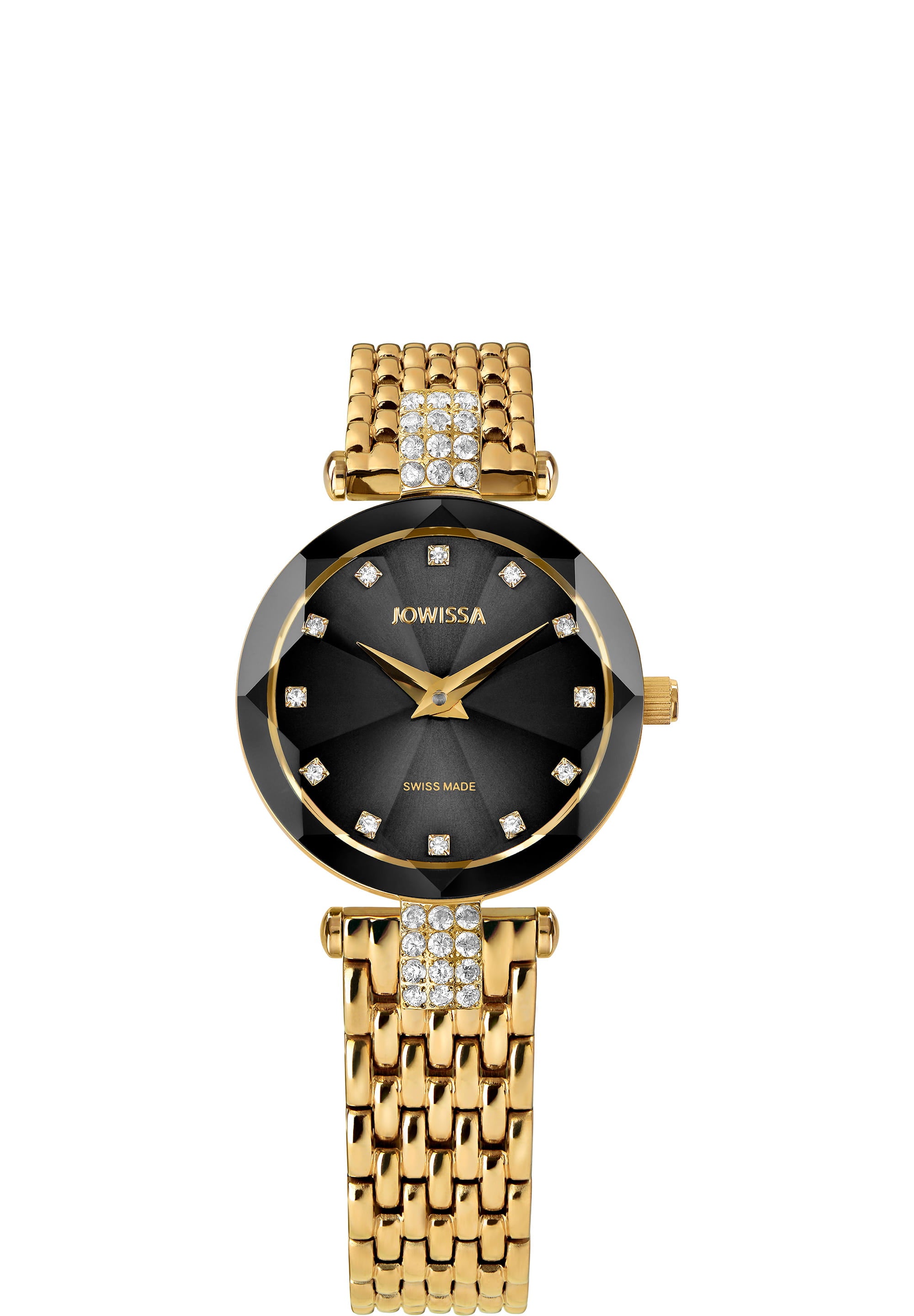 Facet Strass Swiss Ladies Watch J5.630.S featuring a gold mesh band, black sunray dial, and diamond-cut rhinestones.