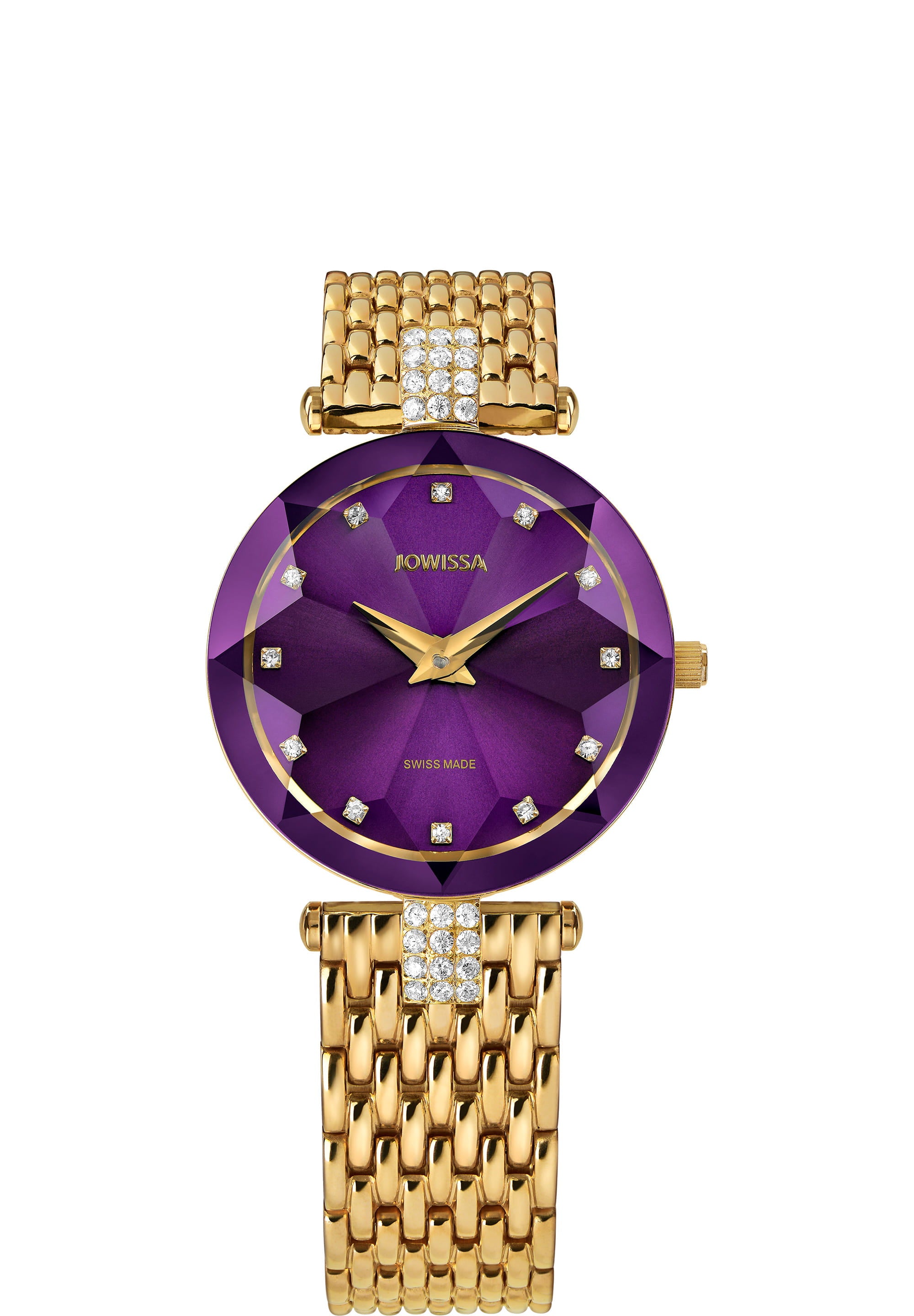 Facet Strass Swiss Ladies Watch J5.631.M featuring a purple sunray dial and stainless steel bracelet with rhinestones.