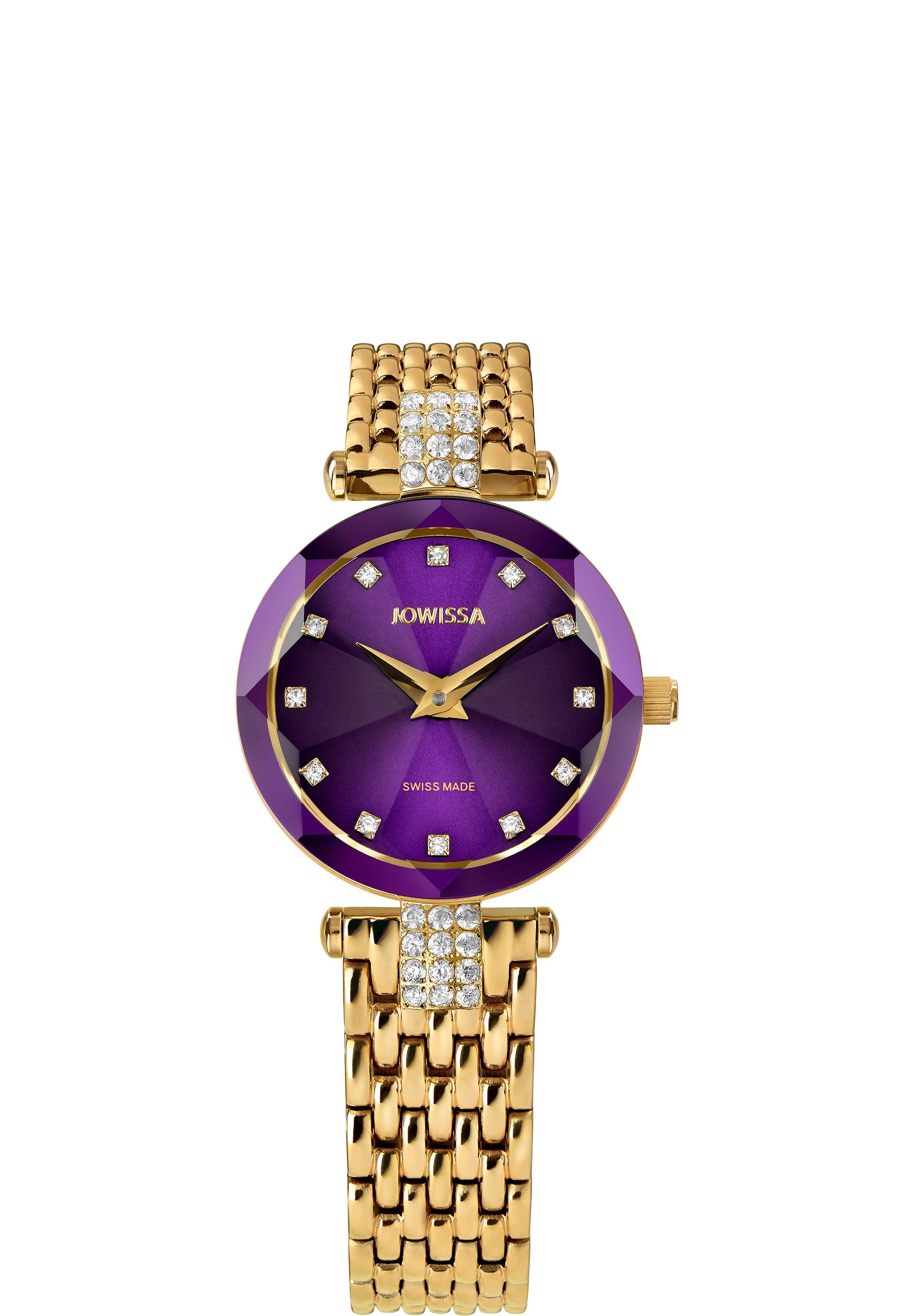 Facet Strass Swiss Ladies Watch J5.631.S featuring a purple sunray dial and stainless steel bracelet with rhinestones.