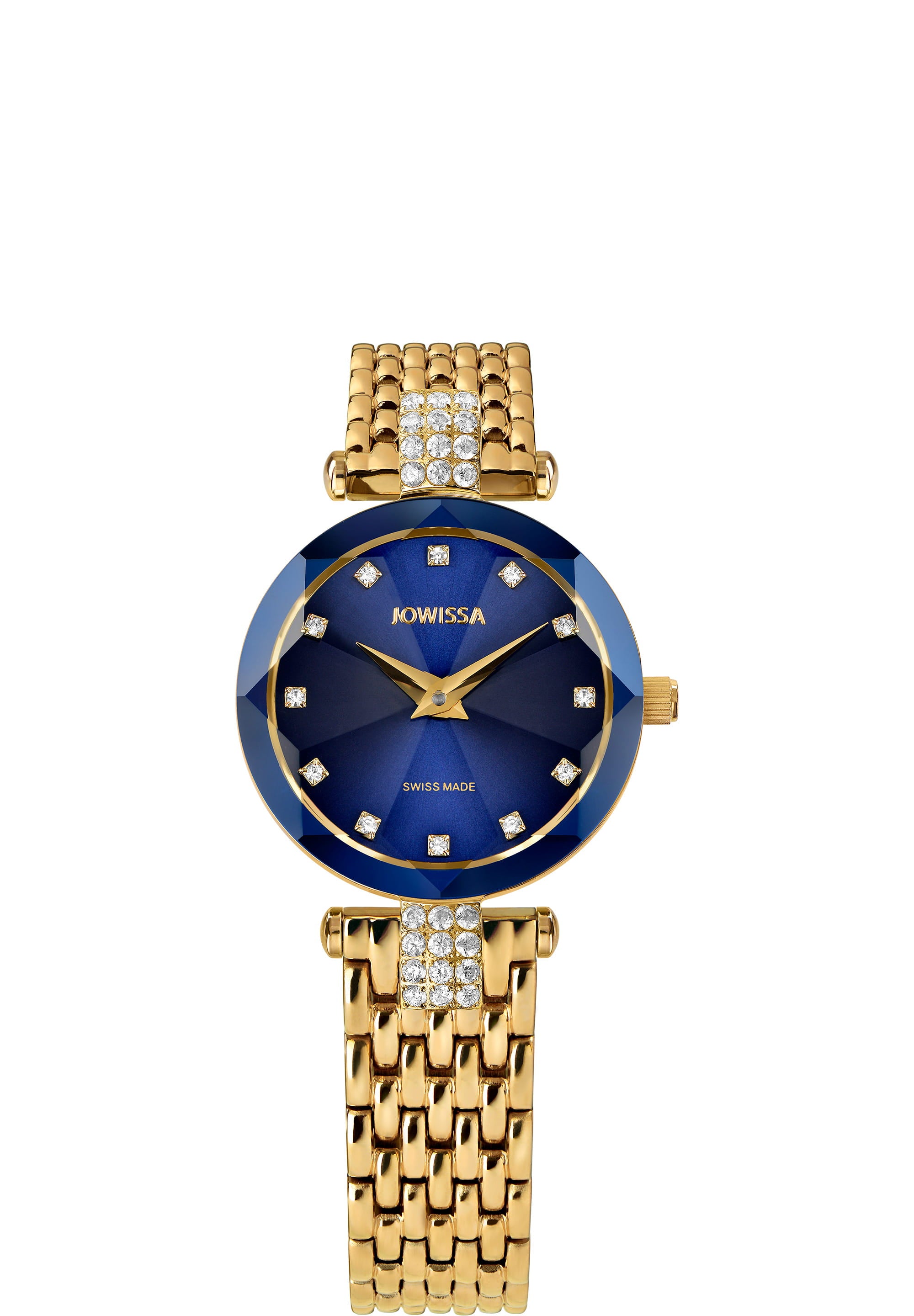 Facet Strass Swiss Ladies Watch J5.632.S featuring a sapphire-blue sunray dial, diamond-cut crystals, and a gold mesh bracelet.