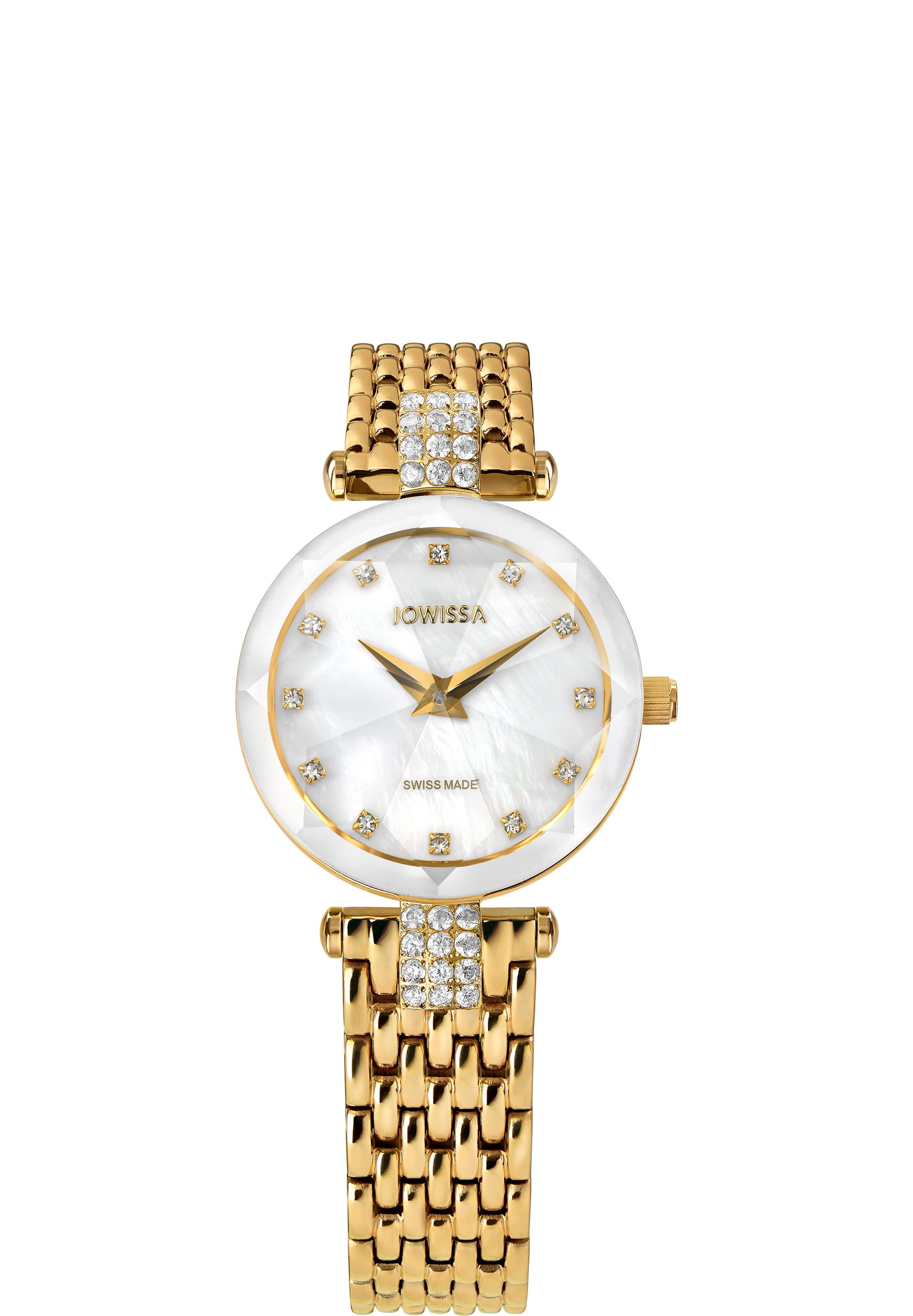 Facet Strass Swiss Ladies Watch J5.633.S featuring a white mother-of-pearl dial, rhinestone hour markers, and a golden mesh band.