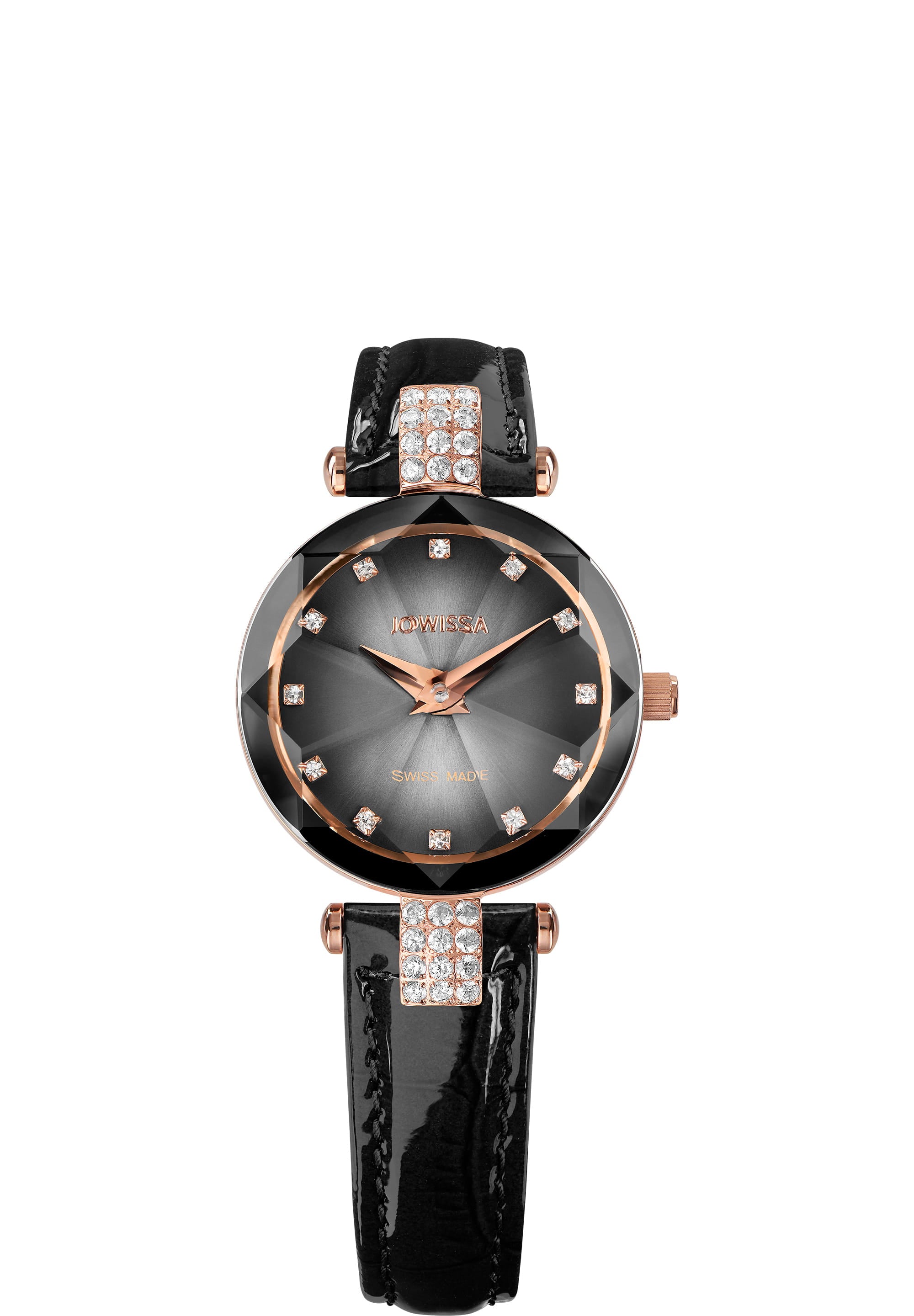 Facet Strass Swiss Ladies Watch J5.650.S featuring a black dial, rose-gold accents, and rhinestones, set on a glossy black leather strap.