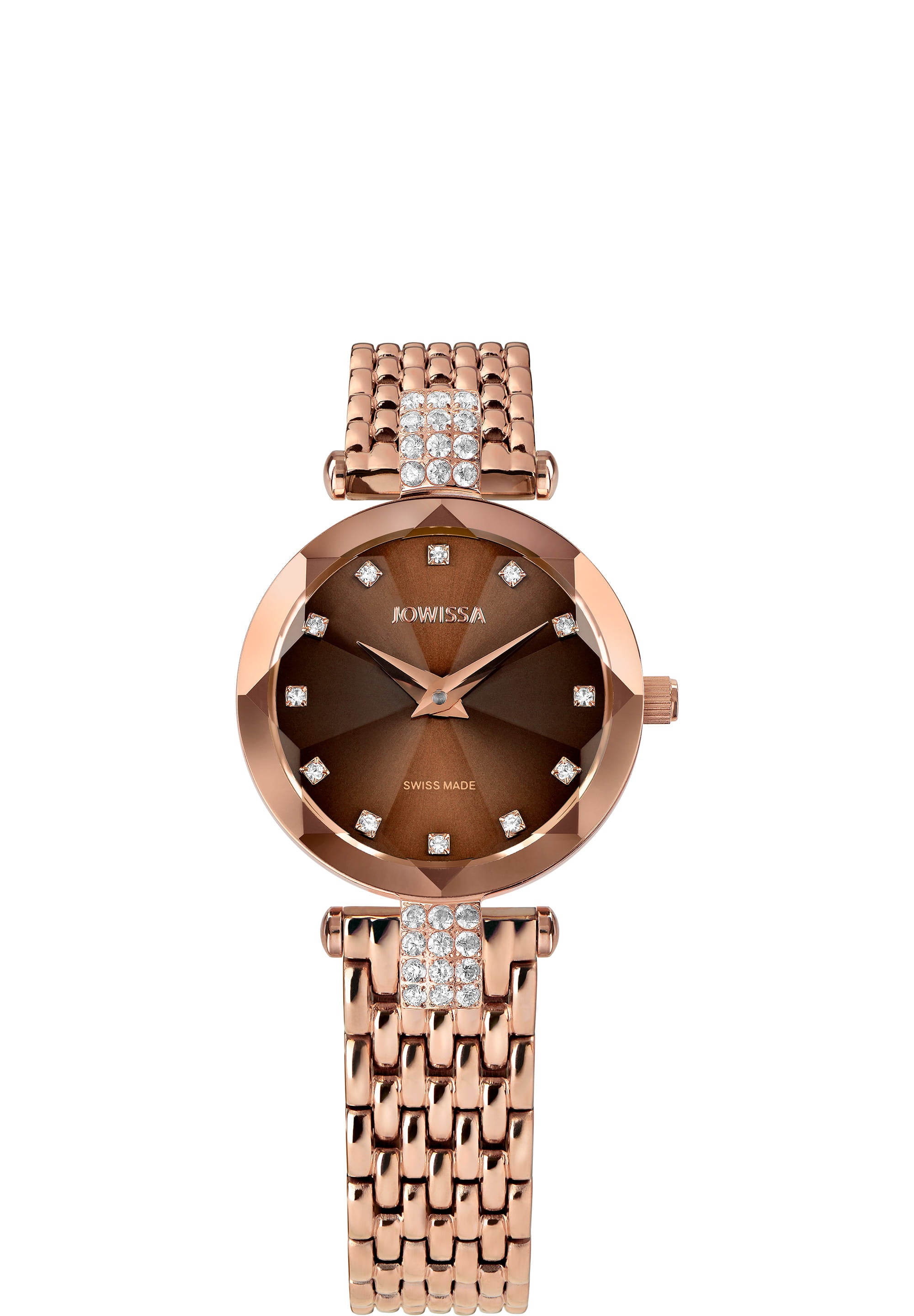 Facet Strass Swiss Ladies Watch J5.724.S featuring a rose gold case, burgundy sunray dial, and stainless steel mesh band.