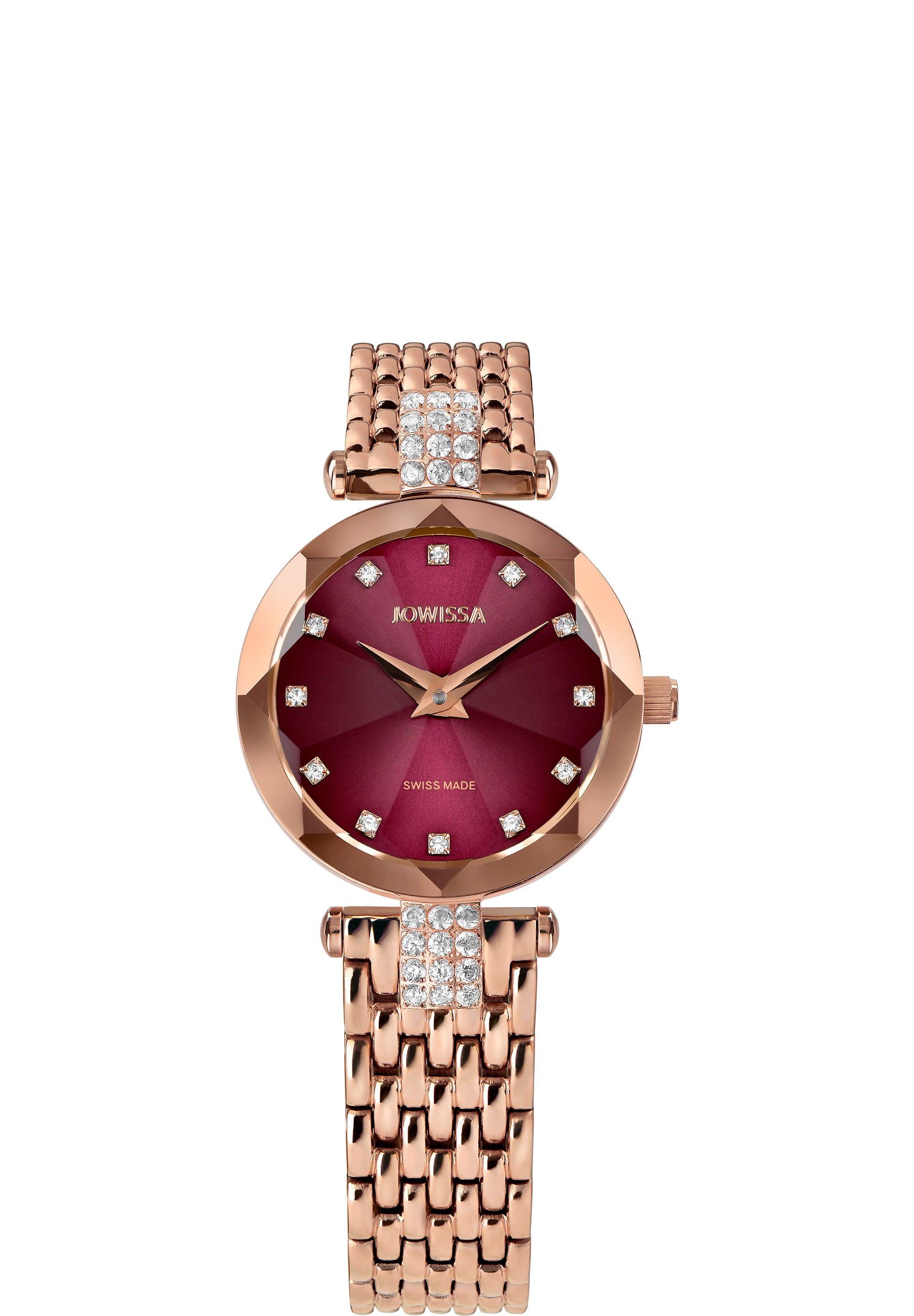 Facet Strass Swiss Ladies Watch J5.772.S featuring a rose gold case, burgundy sunray dial, and sparkling rhinestones on a stainless steel mesh band.