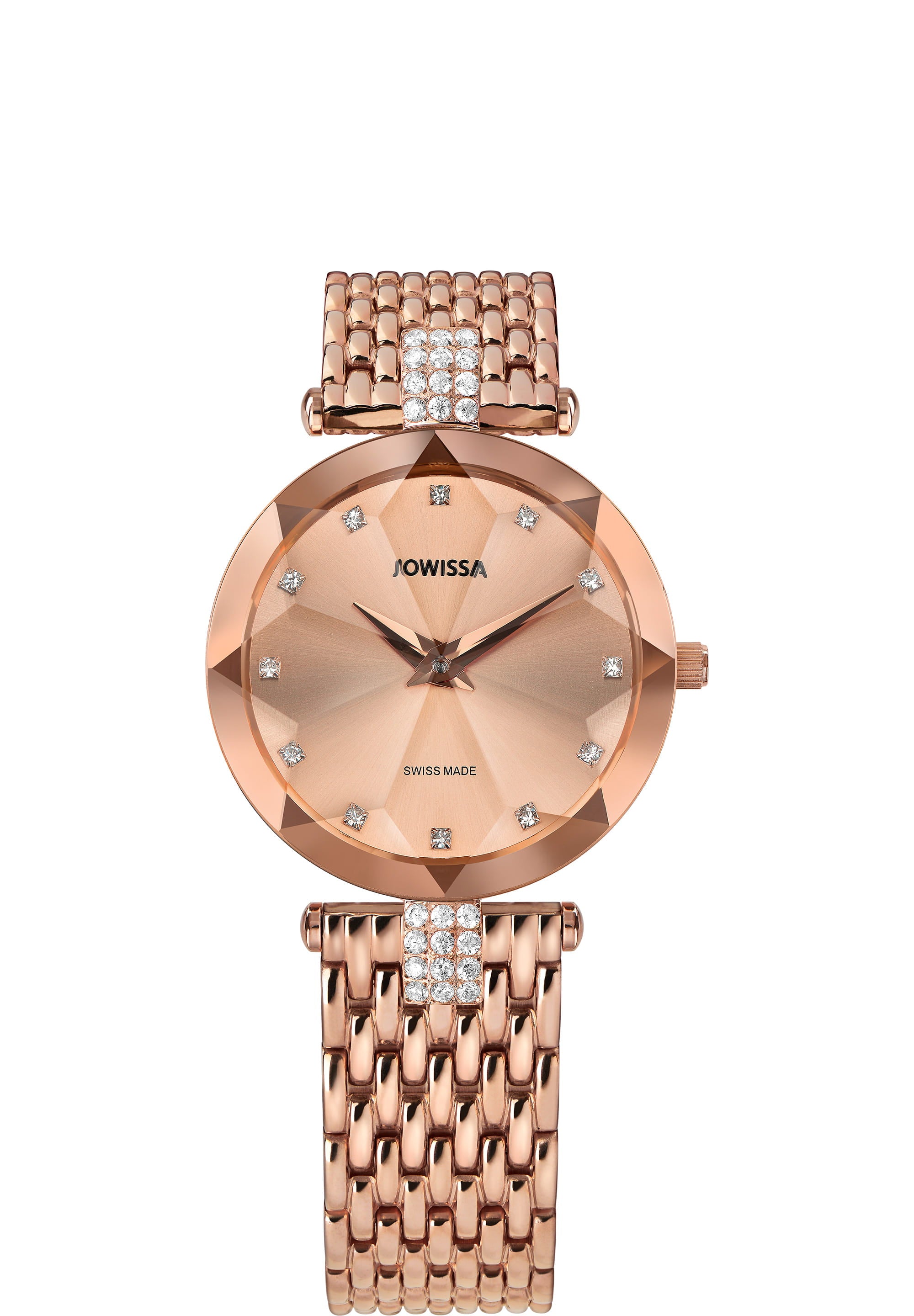 Facet Strass Swiss Ladies Watch J5.773.M featuring a rose gold design, sunburst dial, and sparkling rhinestones.