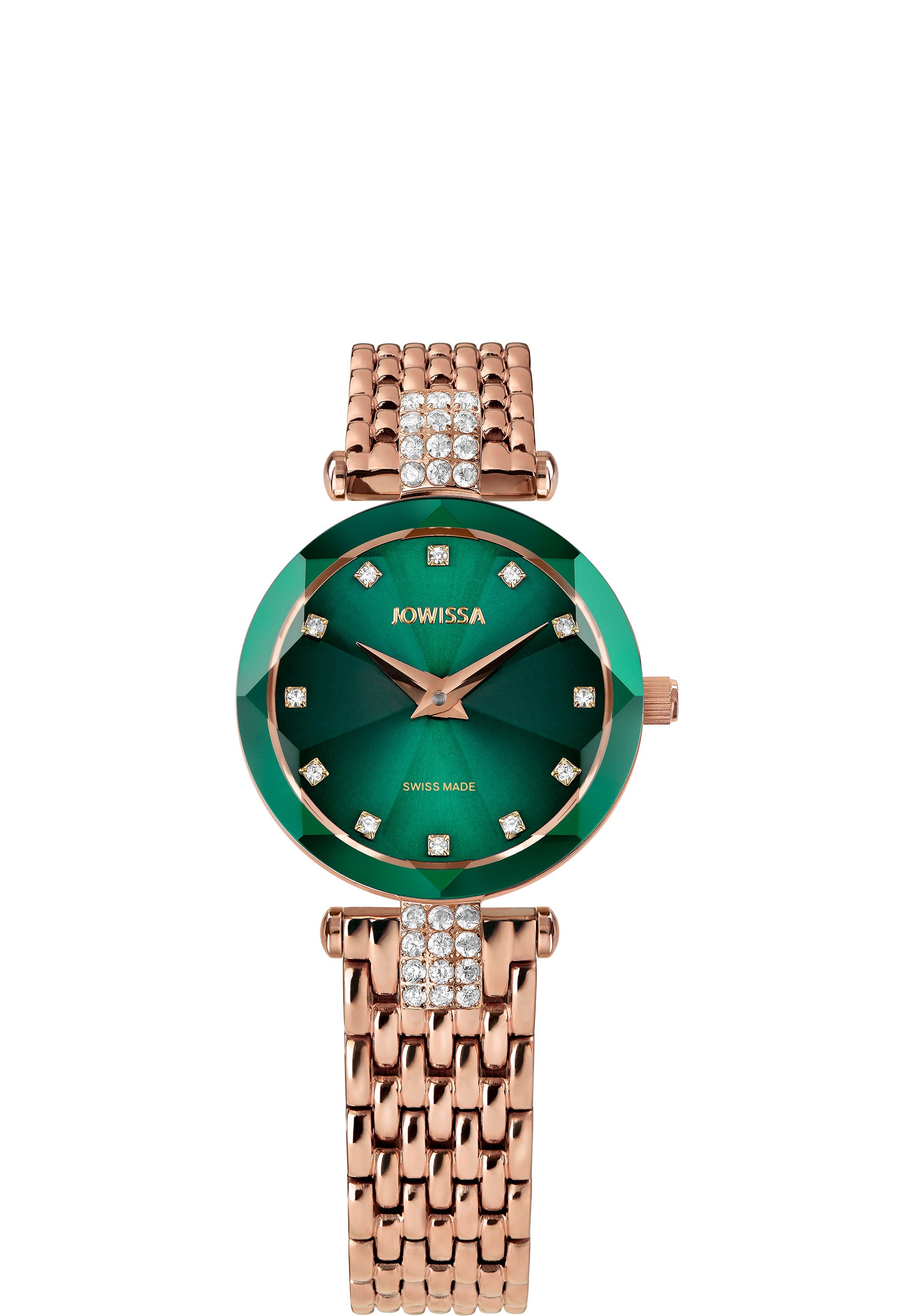 Facet Strass Swiss Ladies Watch J5.776.S featuring a green sunray dial and rose-gold mesh bracelet with sparkling rhinestones.