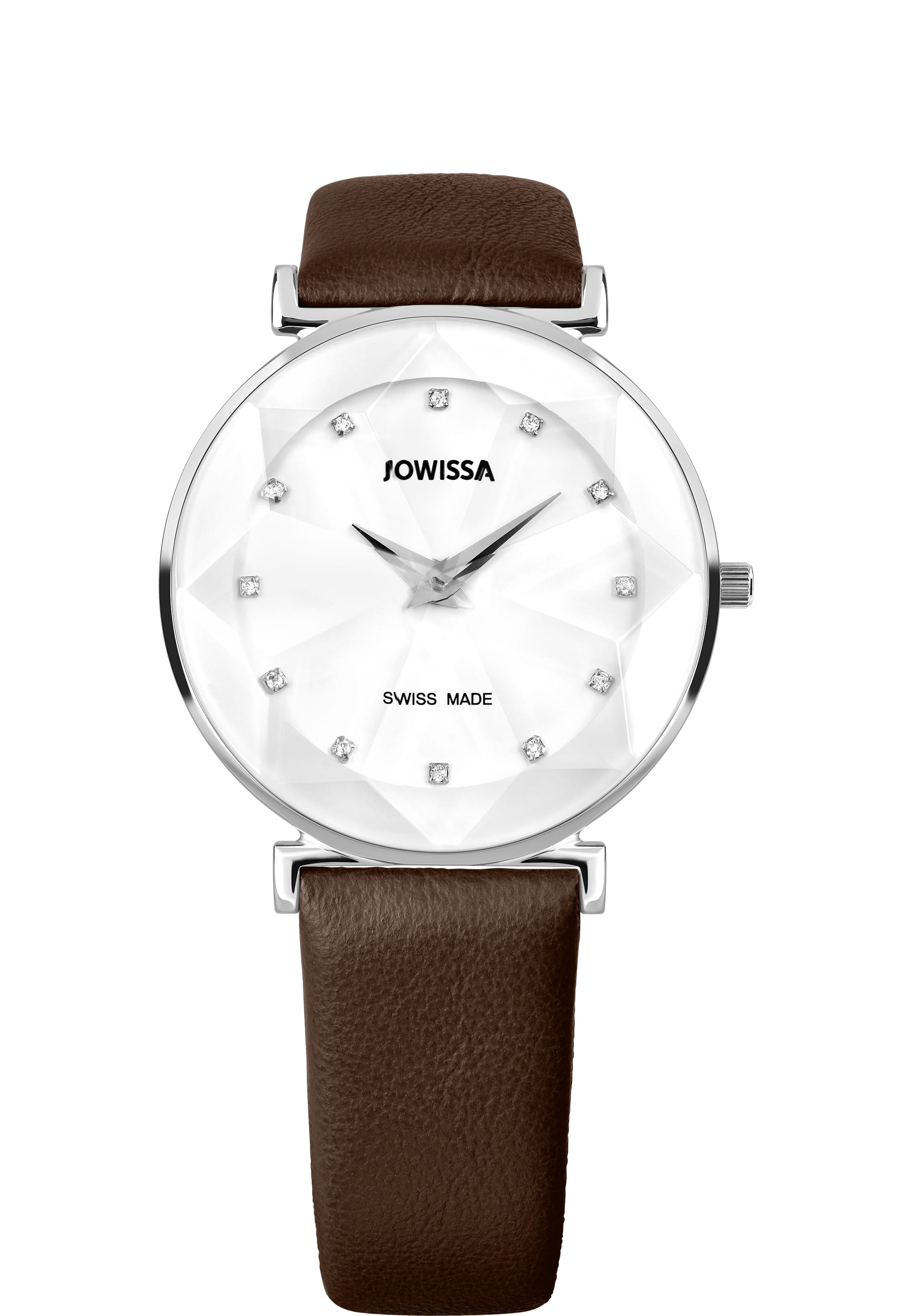 Facet Swiss Ladies Watch J5.552.L featuring a stainless steel case, tempered mineral glass, and a genuine leather strap.
