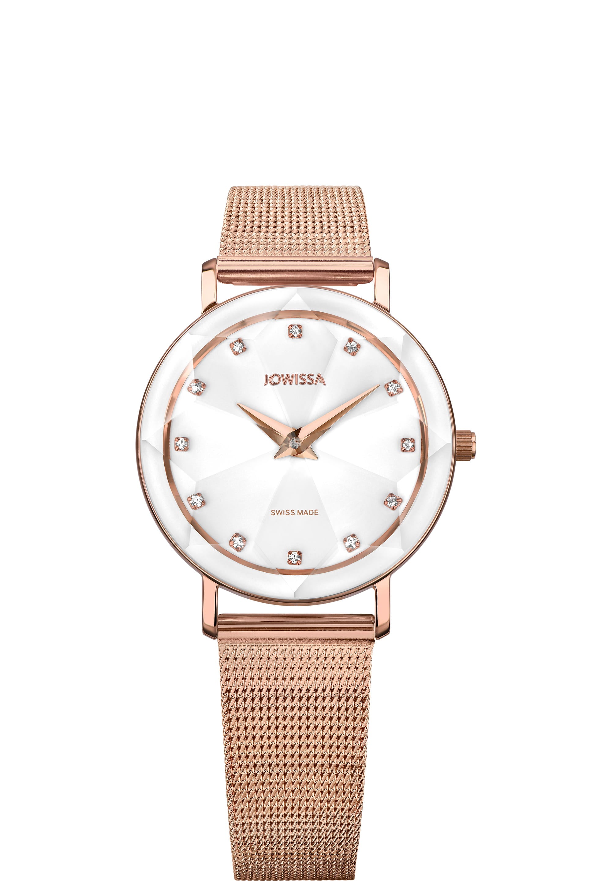 Facet Swiss Ladies Watch J5.610.M featuring a diamond-cut crystal, white enamel dial, and rose gold mesh band, perfect for stylish women.