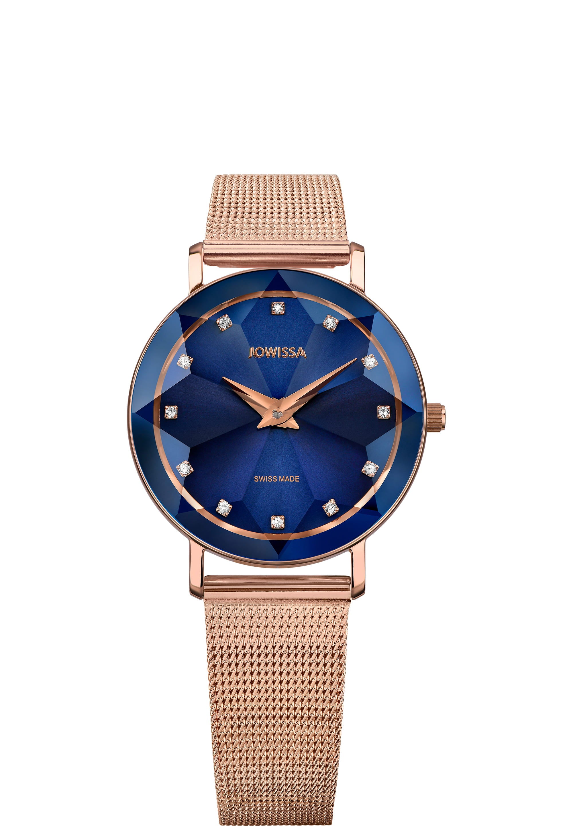 Facet Swiss Ladies Watch J5.613.M featuring a blue sunray dial, diamond-cut crystal, and rose-gold mesh band.