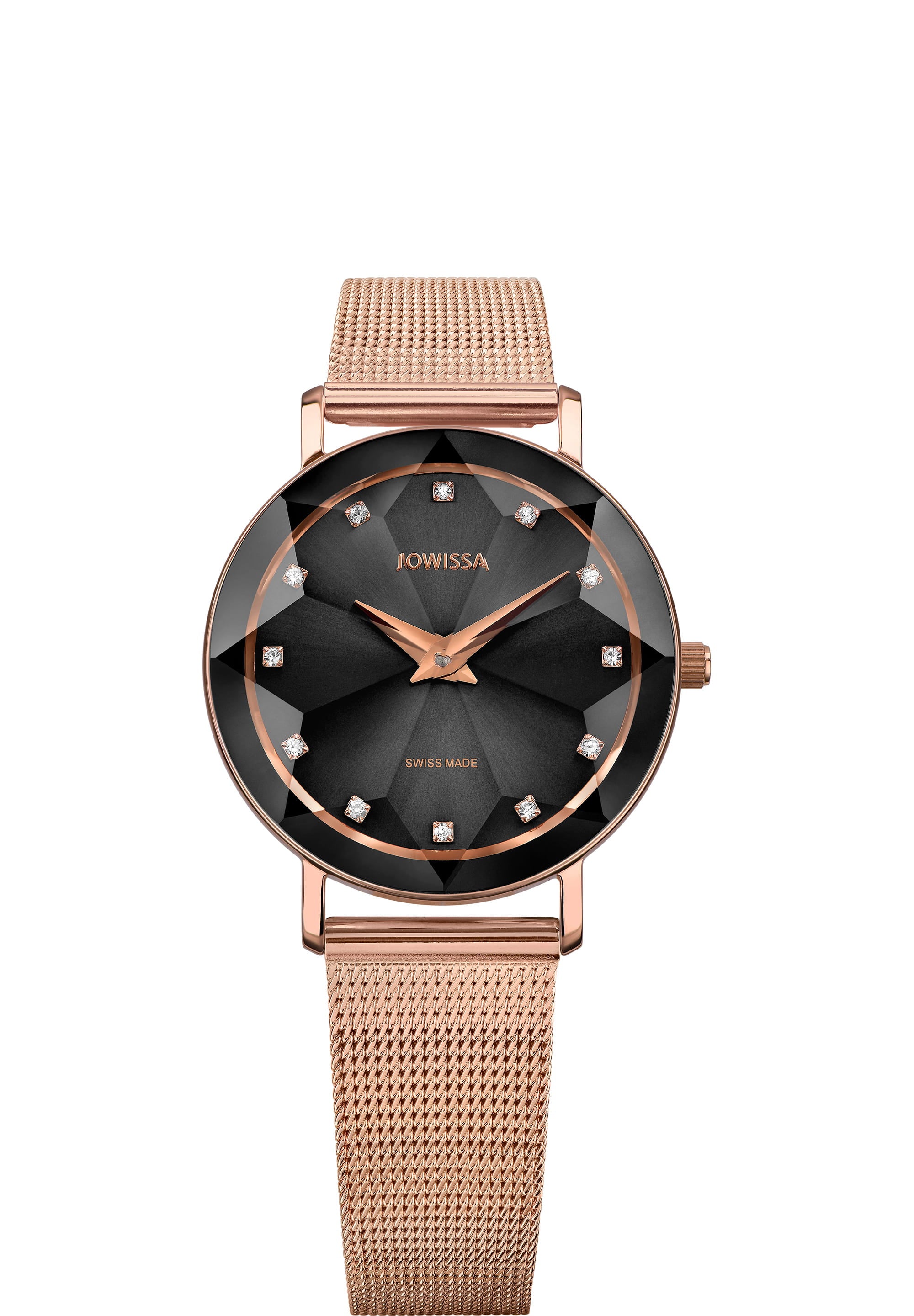 Facet Swiss Ladies Watch J5.611.M featuring a black dial, rose-gold case, and mesh band with rhinestone hour markers.
