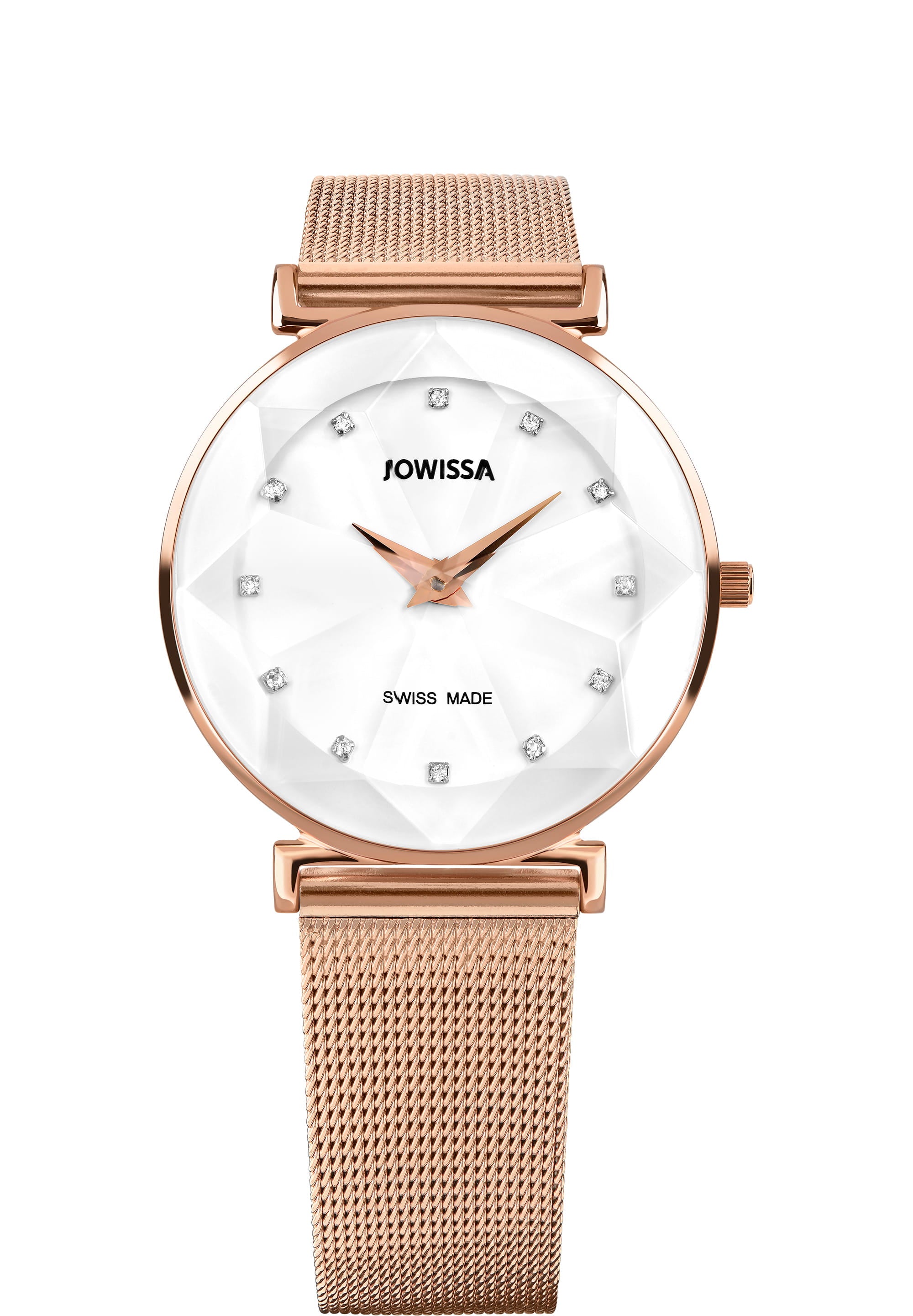 Facet Swiss Ladies Watch J5.738.L featuring a stainless steel case, rhinestone dial, and adjustable mesh band.