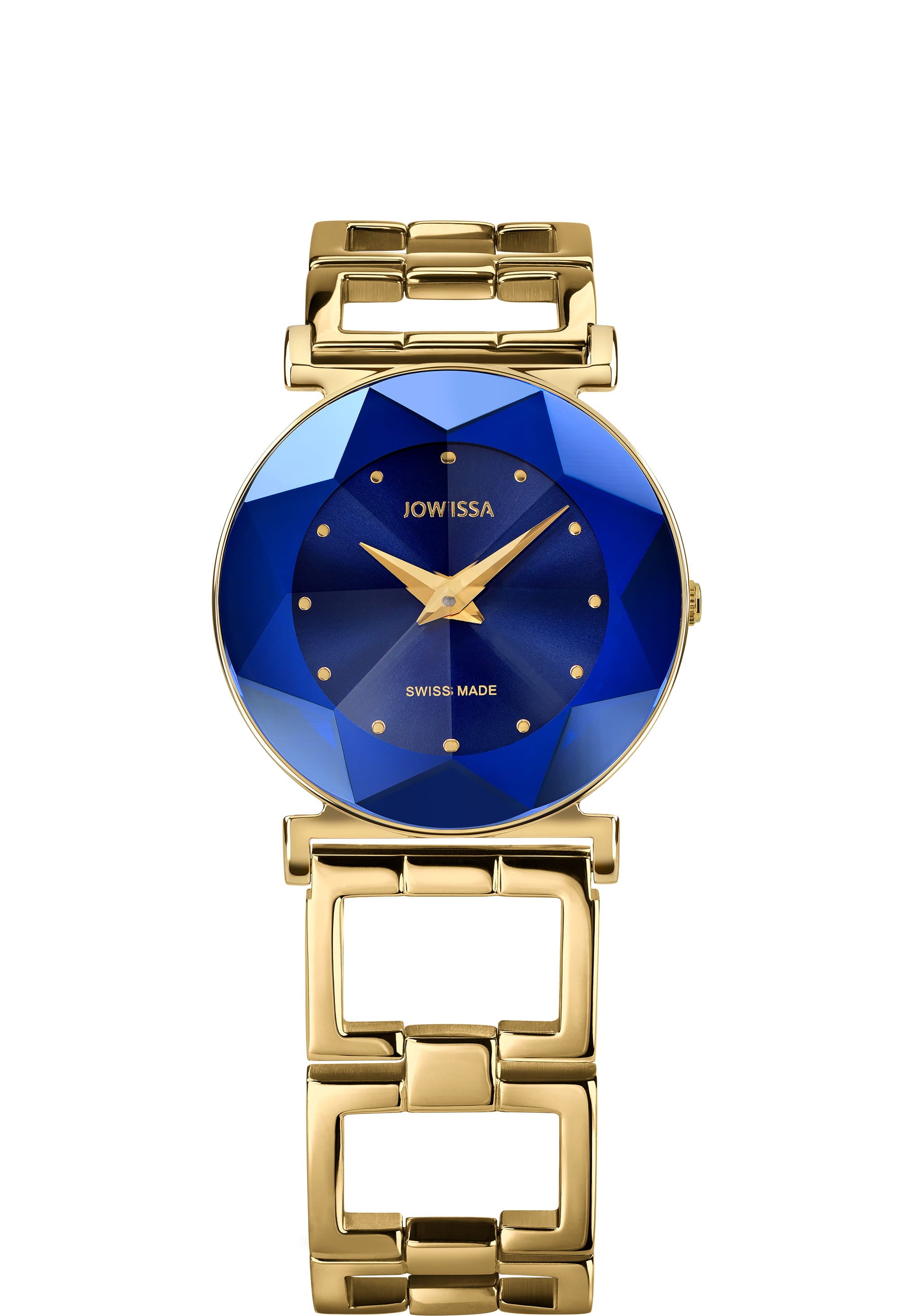 Facet Swiss Ladies Watch J5.848.M featuring a diamond-cut crystal, azure blue sunray dial, and golden stainless steel bracelet.