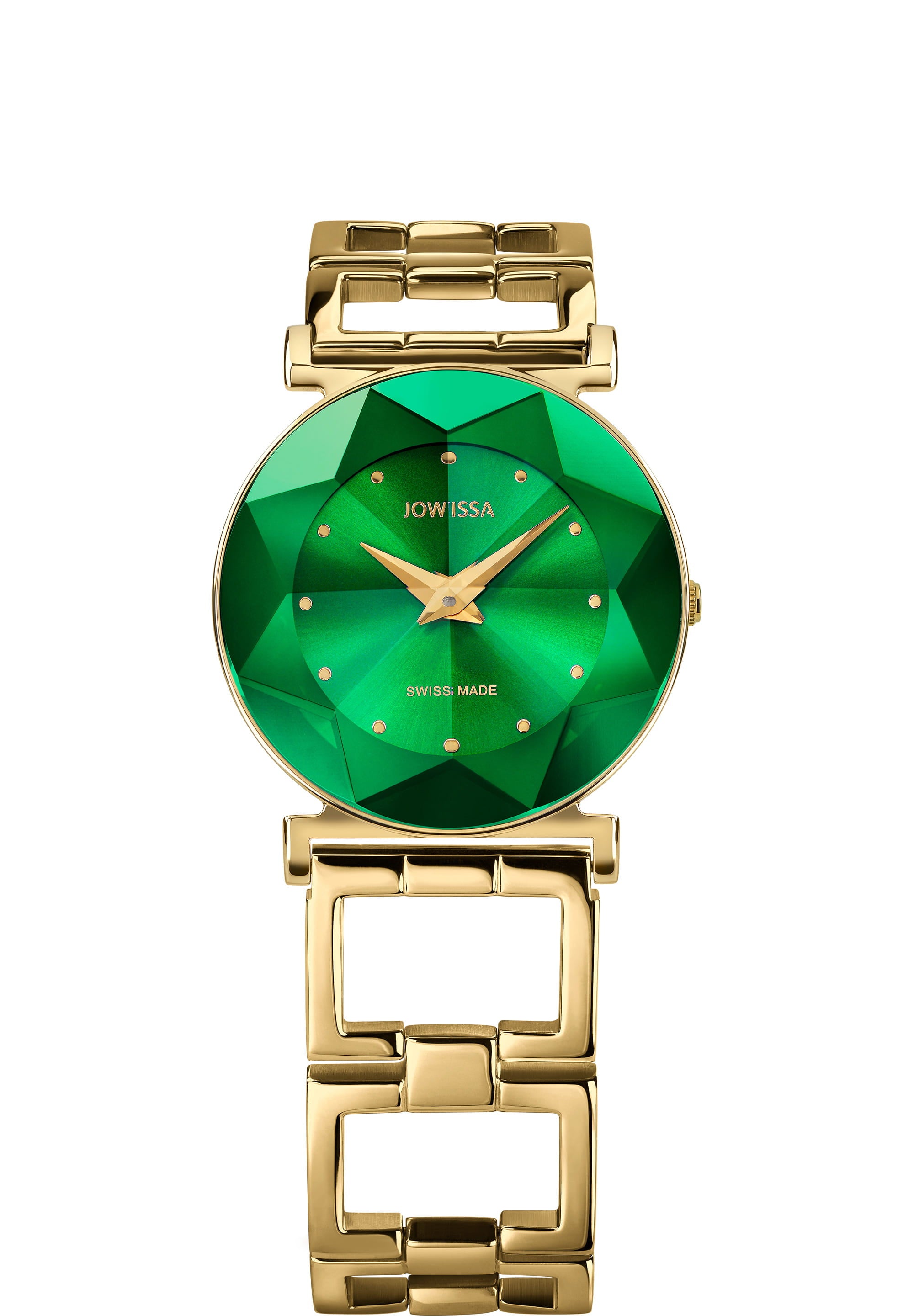 Facet Swiss Ladies Watch J5.850.M with gold case and green dial, featuring diamond-cut crystal and stainless steel bracelet.