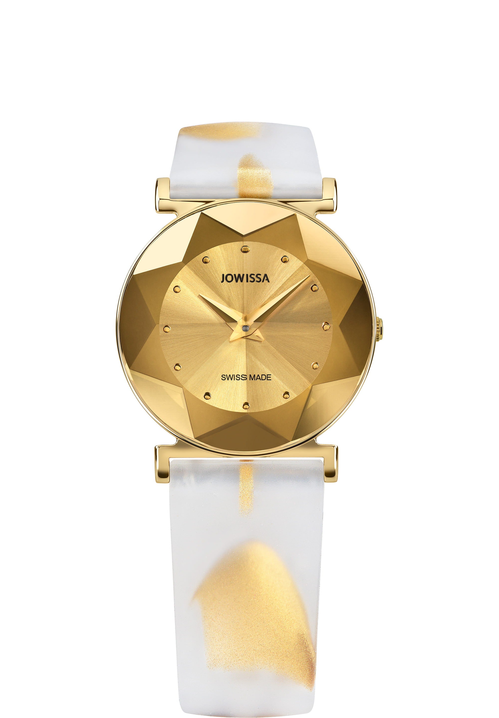Facet Swiss Ladies Watch J5.853.M featuring a diamond-cut crystal, champagne sunray dial, and a luxurious silicone strap with a golden pattern.