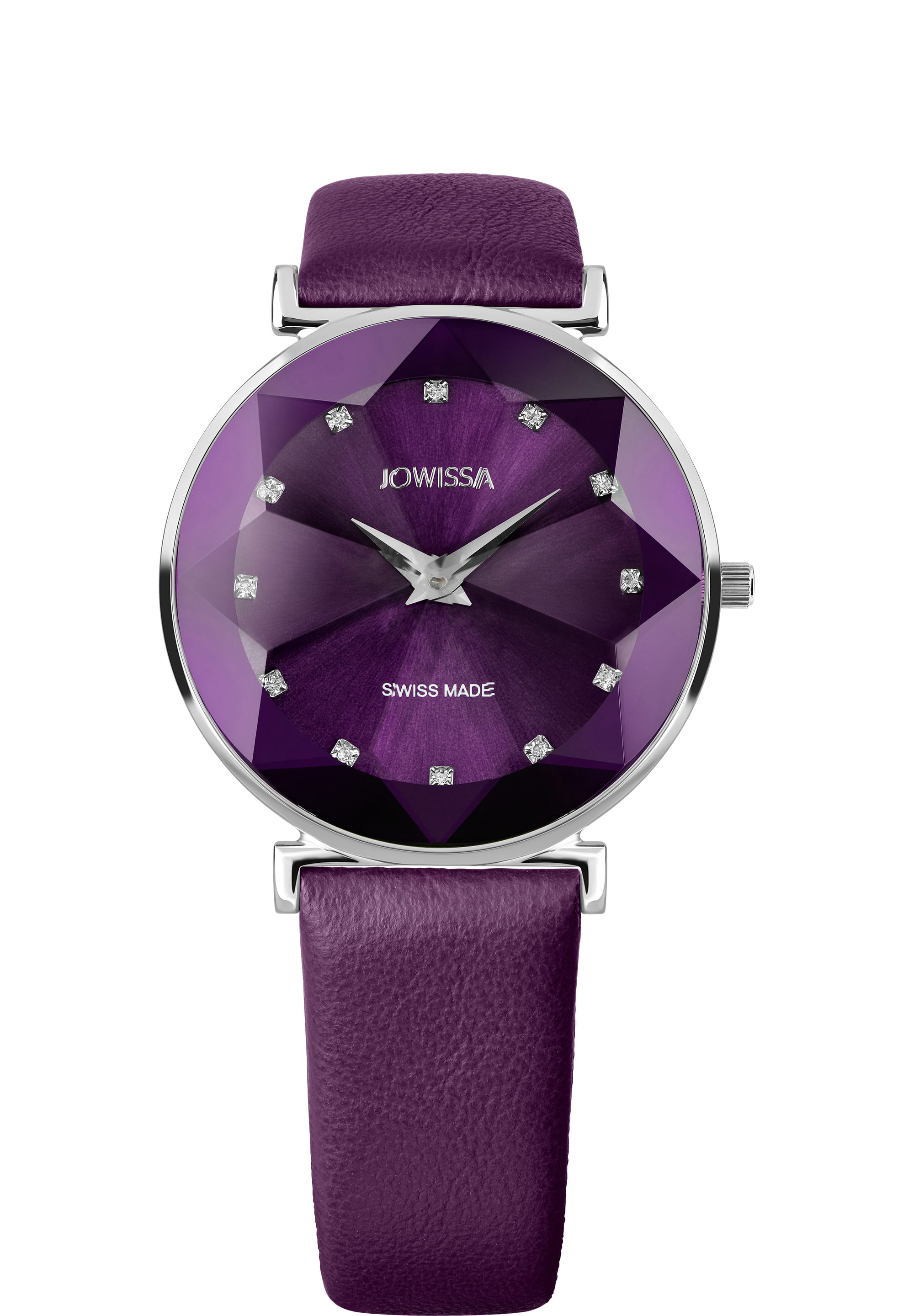 Facet Swiss Ladies Watch J5.555.L featuring a stainless steel case, purple dial with rhinestones, and genuine leather strap.