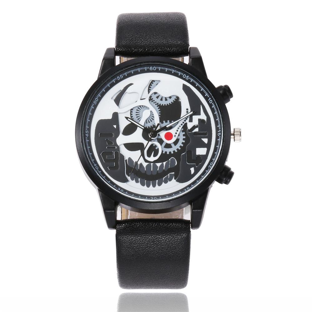 Fashion Casual Skull Pattern Quartz Watch for Men featuring a unique skull design, stainless steel case, and leather band.
