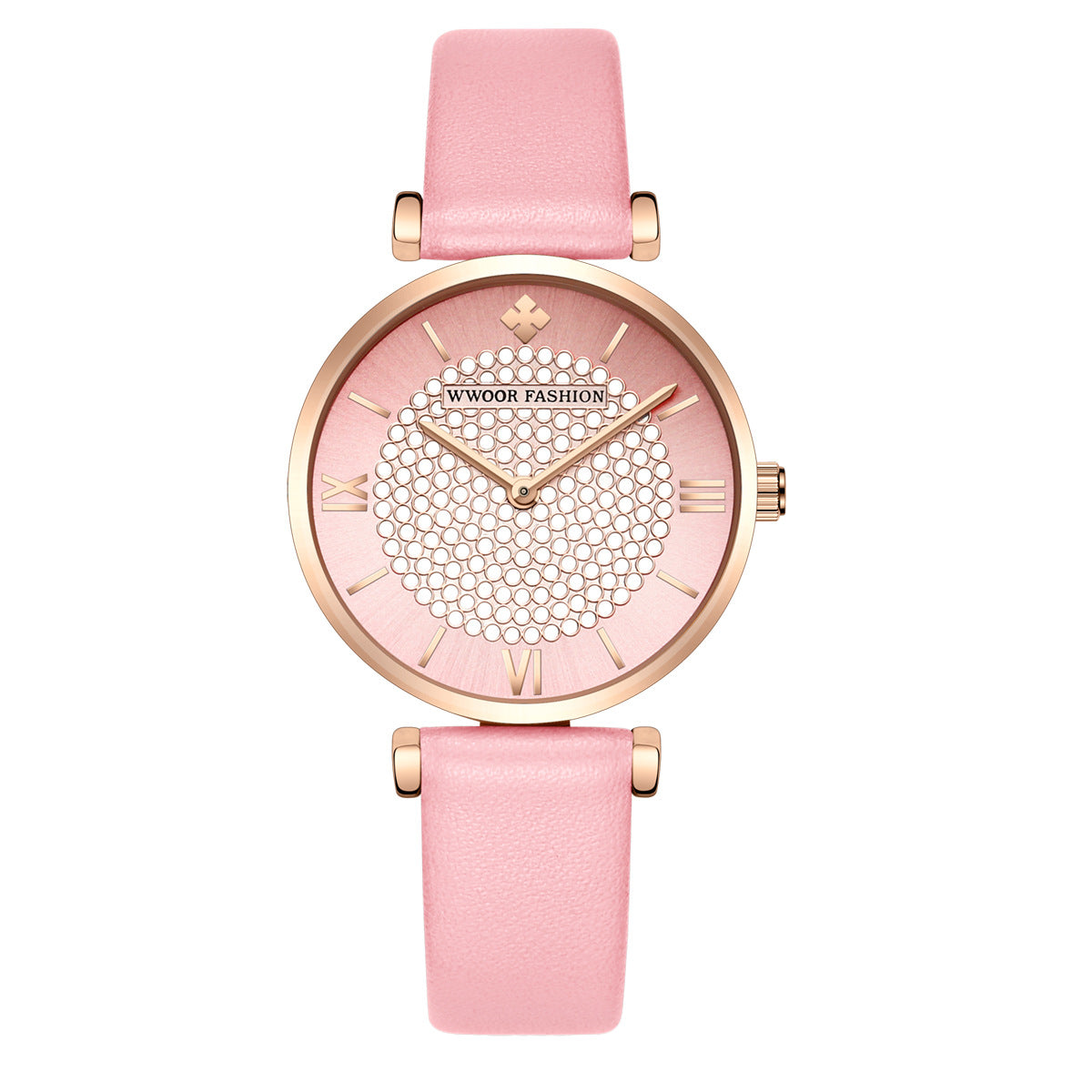 Fashion Diamond Dial Quartz Belt Waterproof Watch with a sparkling diamond-studded dial and stainless steel pin buckle, perfect for stylish women.