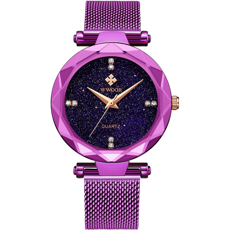 Fashion Simple Starry Sky Mesh Quartz Watch for Ladies with a starry sky dial and stainless steel strap.