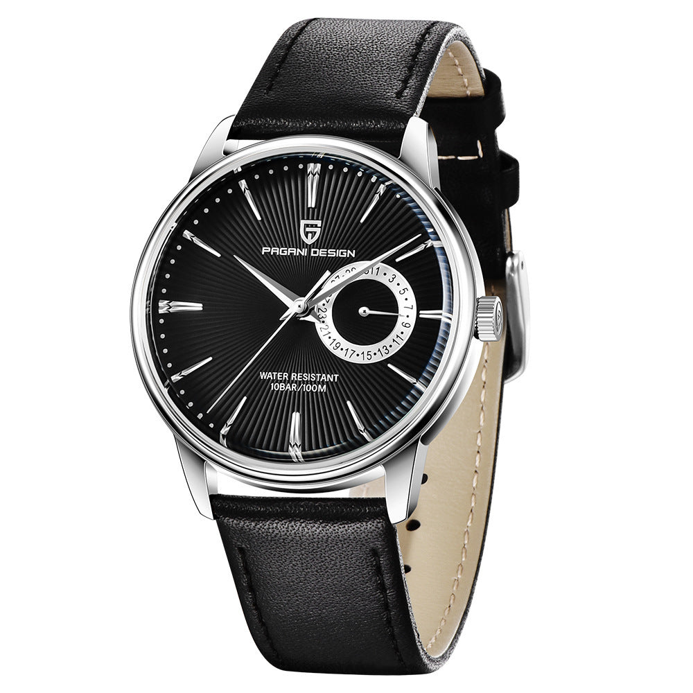 Fashionable men's quartz watch with PU leather strap and stainless steel case, featuring a round dial and pin buckle clasp.