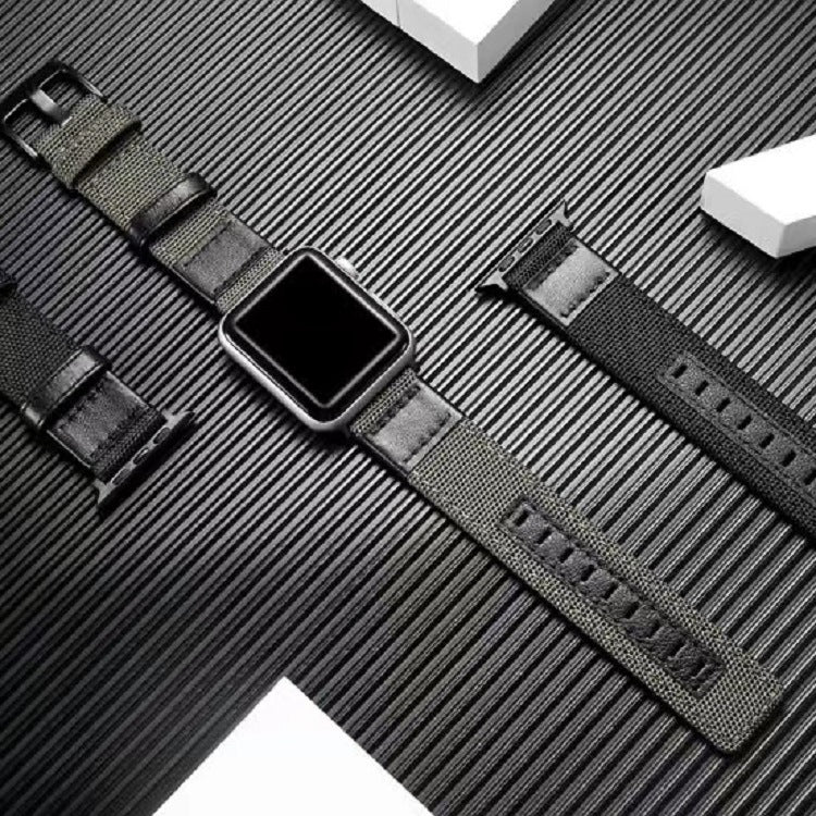 Fashionable canvas watch wristband with color contrast design, compatible with Apple Watch models.