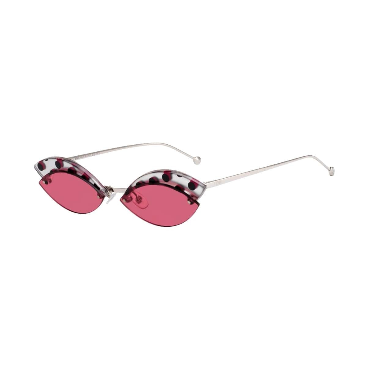 Fendi FF 0370/S-8CQ/4S Silver Cat-Eye Sunglasses with Pink Polka Dot Lens, showcasing a stylish design and durable steel frame.