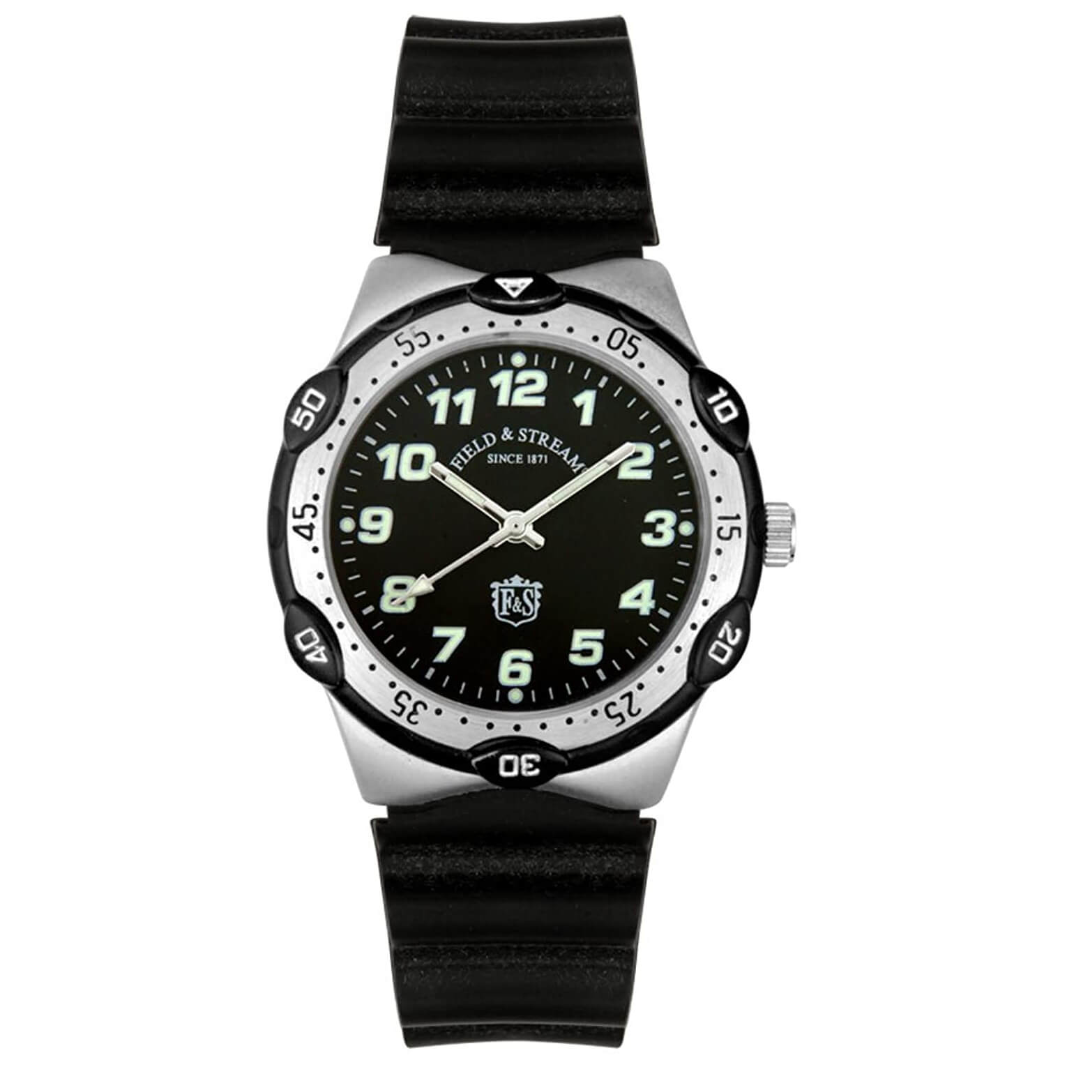 Field & Stream Men's Sport Watch with black dial and stainless steel bezel, alongside a Dynamo LED Crank Carabiner Light keychain.