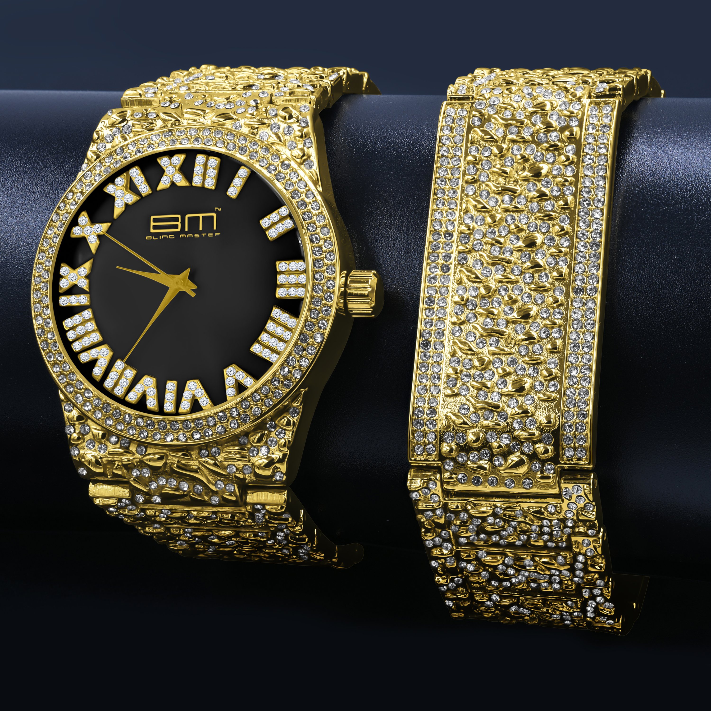 FLAMBOYANT Ultra Bling Watch Set featuring a gold watch with a multi-color dial and matching bracelet, showcasing its luxurious design.