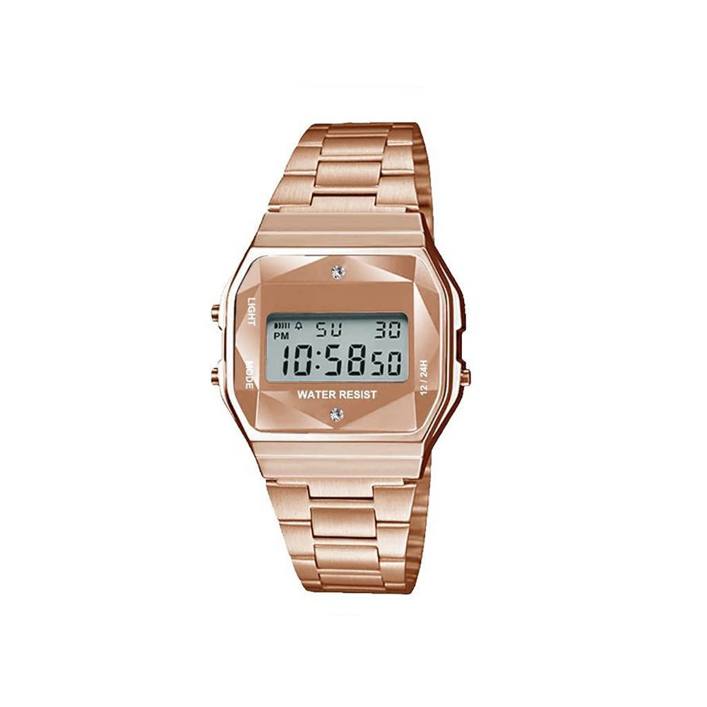 Fresno Rose Gold Sports Metal Band Watch with crystal cut LCD display and stainless steel band.