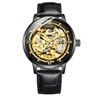 Fully Automatic Mechanical Watch for Men featuring a leather strap, stainless steel buckle, and alloy case with a mineral tempered glass mirror.