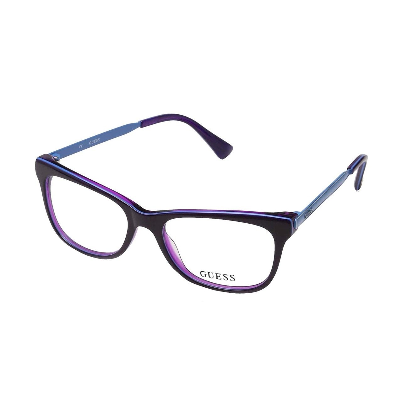 Guess GU-2487-081 Purple Square Women's Acetate Eyeglasses displayed with a stylish case and paperwork.