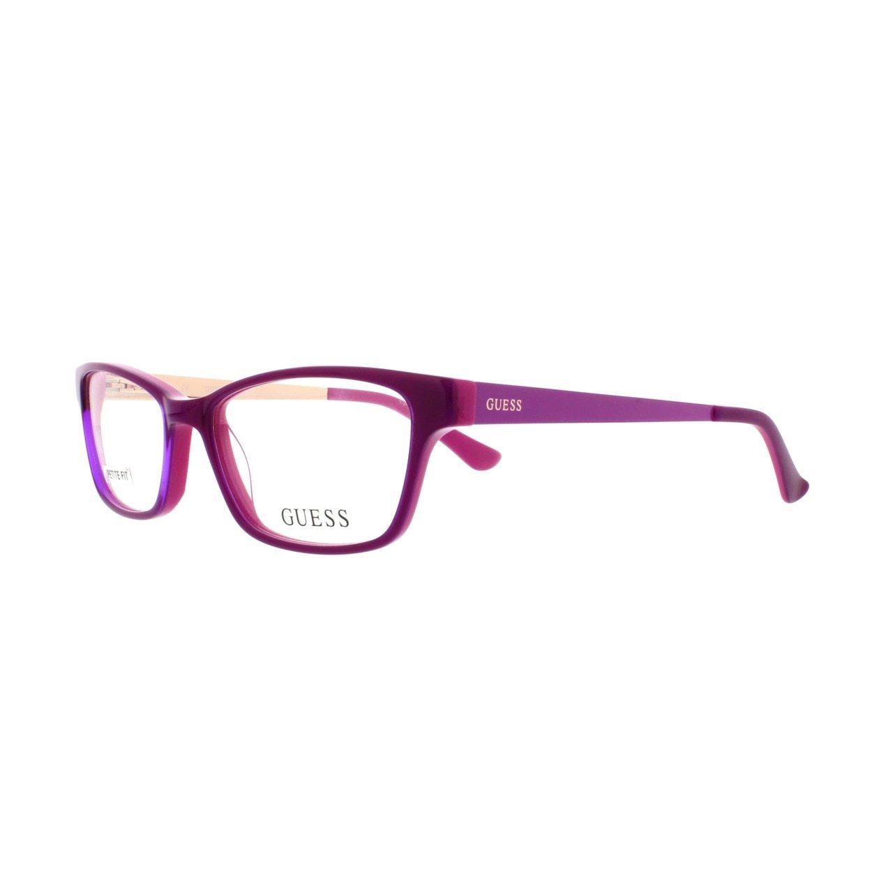Guess GU-2538-075 Shiny Fuchsia Rectangular Women's Acetate Eyeglasses displayed elegantly with a shiny fuchsia frame.
