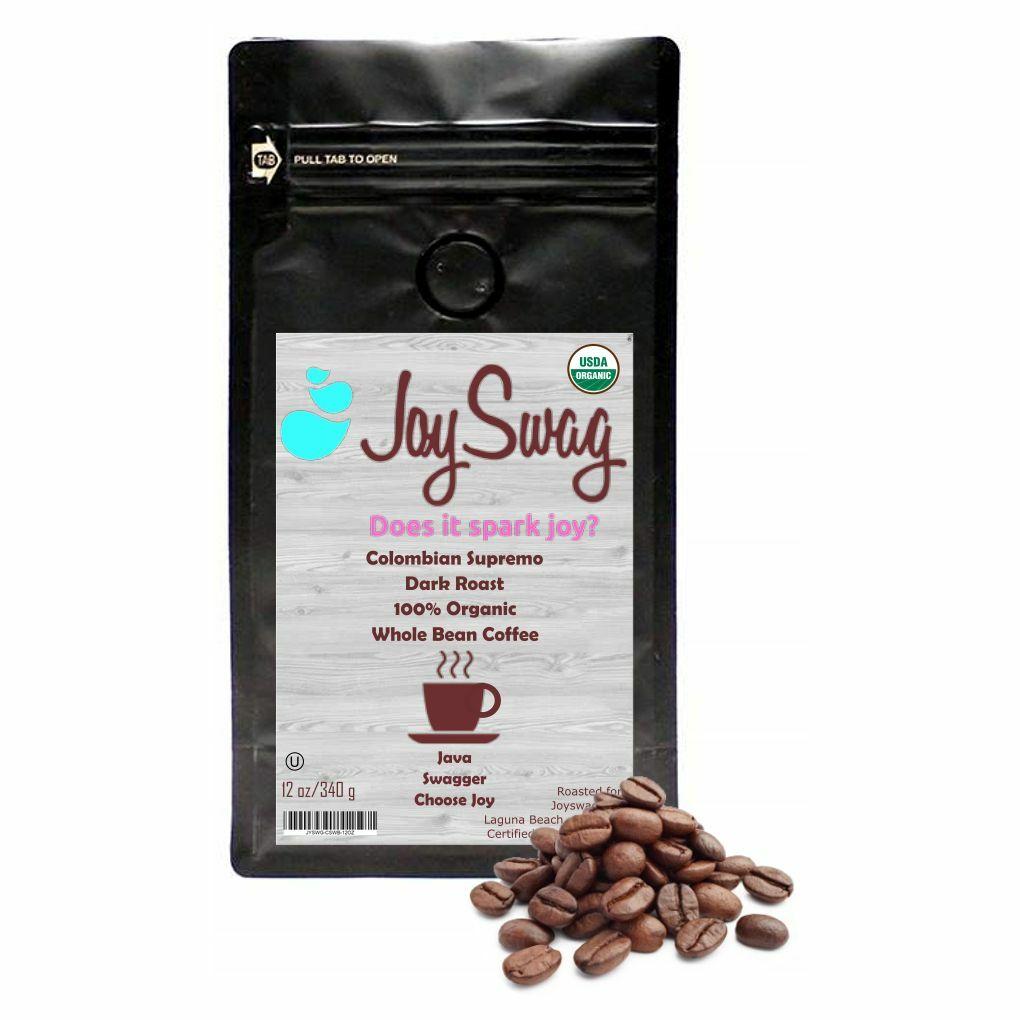 A bag of Hand-Crafted Dark Roast Premium Colombian Supremo coffee showcasing its rich, dark color and artisan packaging.