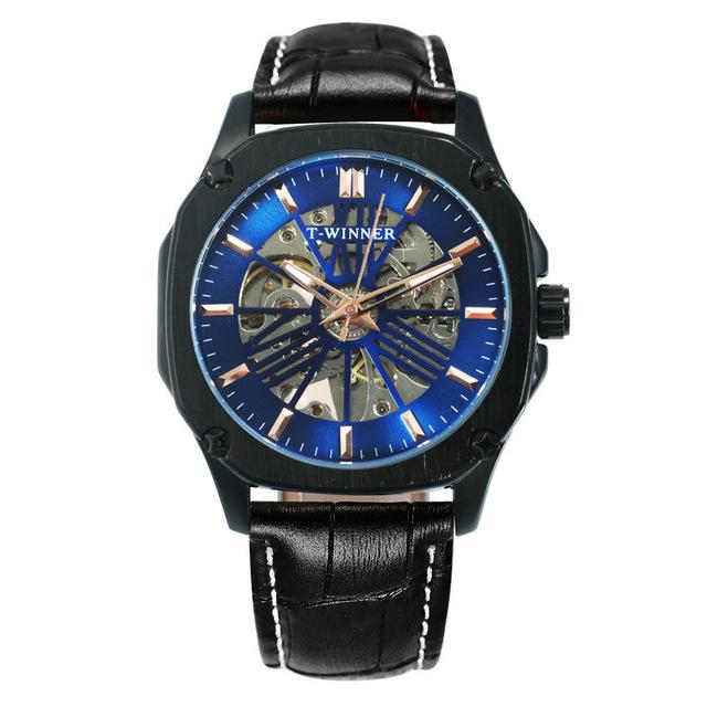 High Quality Automatic Mechanical Watch for Men featuring a square dial, leather strap, and stainless steel buckle.