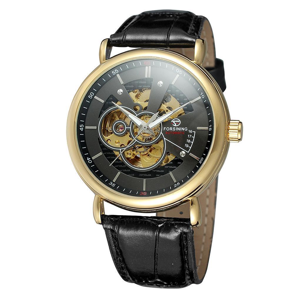 High Quality Hollow Mechanical Watch for Men with leather strap and stainless steel buckle, showcasing intricate mechanical design.