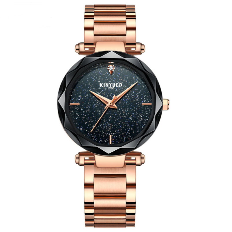 High Quality Starry Female Quartz Watch featuring a starry dial, stainless steel strap, and butterfly buckle design.