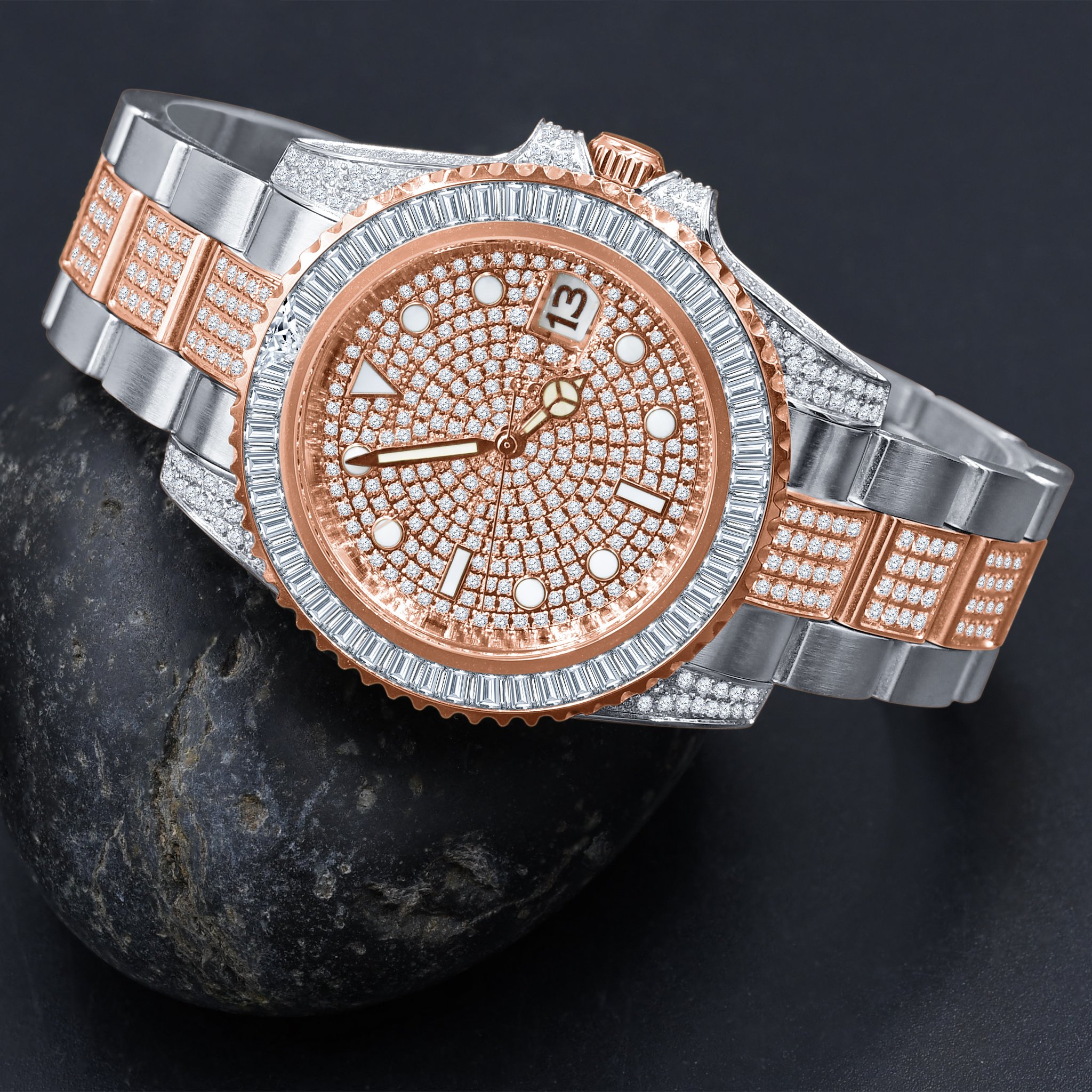 HURRICANE Stainless Steel Watch featuring a hazel zircon stoned dial, silver and rose gold strap, and luxurious cubic zirconia embellishments.