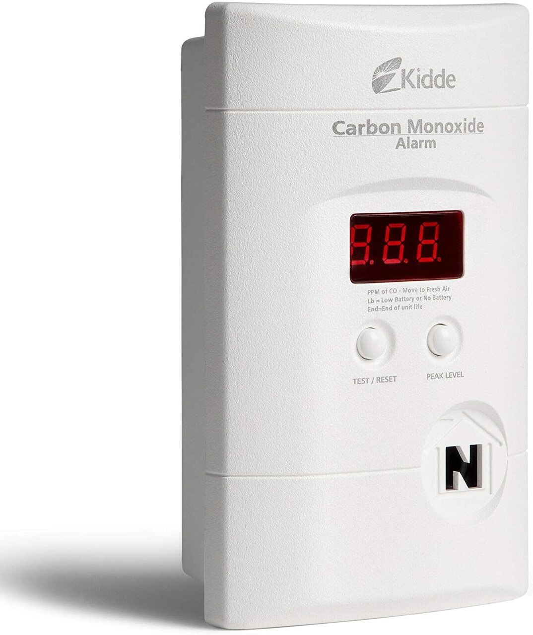 Kidde Nighthawk Plug-In AC/DC Carbon Monoxide Alarm with digital display and battery backup, designed for home safety.
