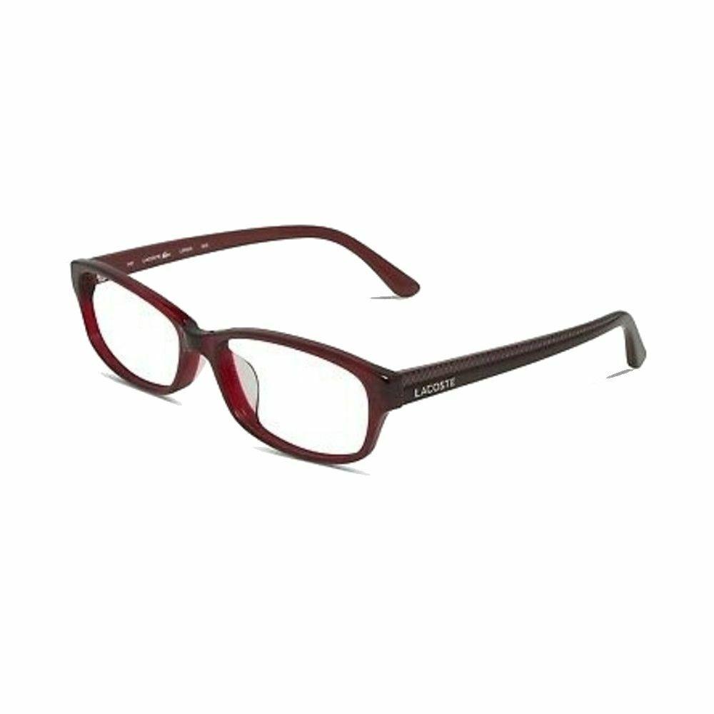 Lacoste L2663A-615 Transparent Red Rectangular Unisex Plastic Eyeglasses displayed with a stylish case.