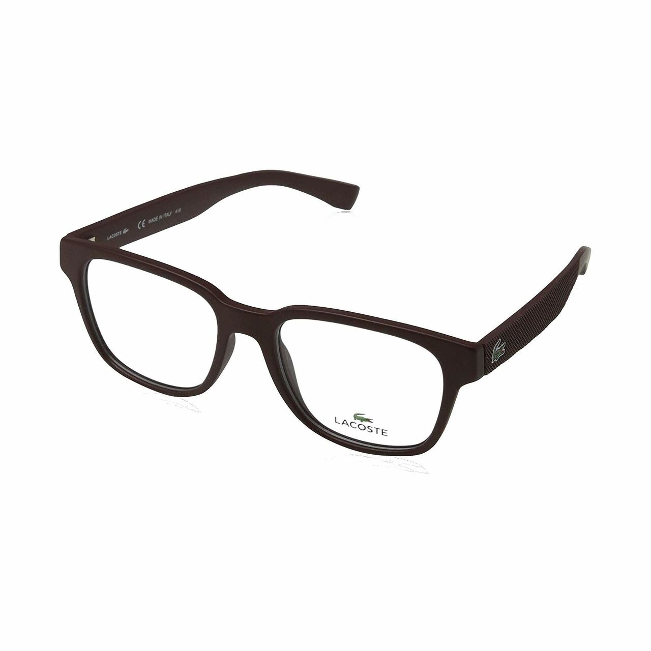 Lacoste L2794-604 Matte Burgundy Square Unisex Plastic Eyeglasses displayed elegantly with a stylish case.
